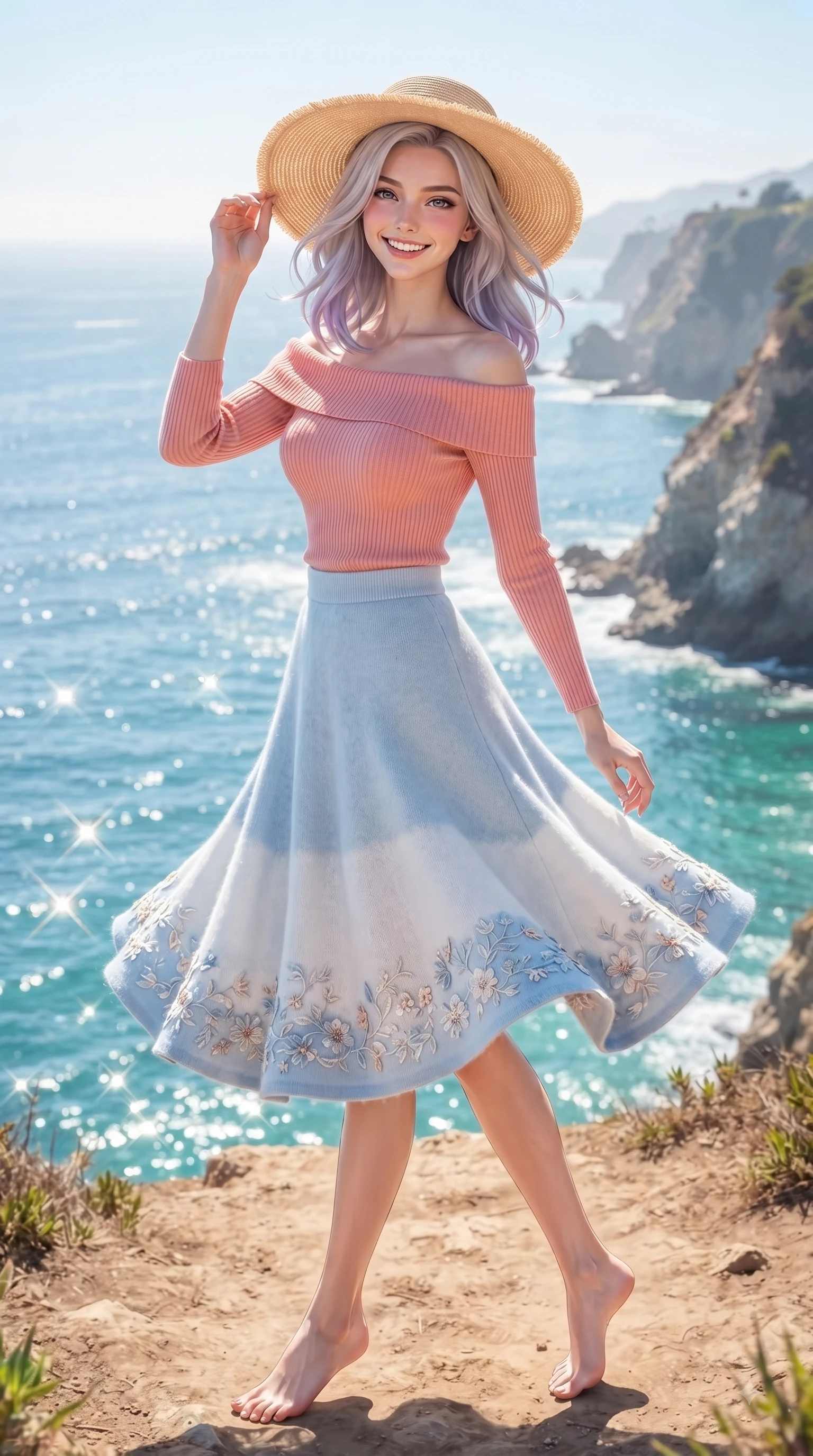 score_9, masterpiece, best quality, ultra-detailed, high-budget anime keyframe, editorial fashion photography, tasteful artistic composition, Caucasian woman. low angle full-body shot from head to toe showing her feet, filling the entire 9:16 vertical frame with her statuesque presence, stretching her vertical silhouette. performing a cheerful mid-motion turn with flawless poise, her radiant smile capturing fresh girlhood energy while holding her straw sunhat lightly against the ocean breeze while smiling happily into the camera. The surrounding environment is rendered in vivid detail and crisp panoramic clarity. glistening ocean water refractions and scenic coastal cliffs captured in sharp environmental detail. She has an absolutely perfect, statuesque 8.5-heads proportion, an exceptionally tall and slender model-like female figure with impossibly long slender legs and an ultra-slim waist. sharp v-shaped jawline, high-bridge nose, intricate jewel-like eyes with depth, thick eyelashes, glossy lips with a natural sheen, flawlessly proportioned anatomical accuracy, natural body alignment, perfectly sculpted elegant limbs, clean dynamic posture without body distortion. wearing a soft coral off-shoulder ribbed knit top paired with a flowy white A-line midi skirt in baby blue and cloud white, knitted from soft cozy cashmere yarn, complemented by delicate embroidered floral trim along the hem, the soft airy drape swaying gracefully with her dynamic movements. bathed in brilliant tropical sunshine and glittering ocean water refractions. ultra-reflective glossy finish, specular highlights, metallic sheen, high-contrast stereoscopic depth, volumetric dynamic lighting, 2k, ultra detail, master piece, 9:16 ratio