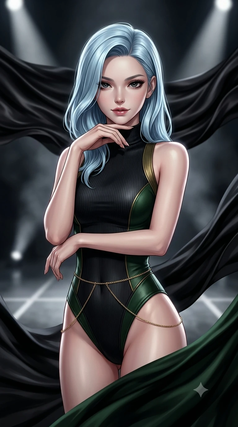 score_9, masterpiece, best quality, ultra-detailed, high-budget anime keyframe, semi-realistic 3D game render, editorial fashion photography, tasteful artistic composition, Korean woman. close-up cowboy shot from the waist and thighs up, the character dominates the composition, filling the frame with her large presence. resting her chin on the backs of her fingers with an air of effortless superiority and parted glossy lips while twisting her slender torso in an alluring S-curve between billowing midnight fabric waves, directional razor lights tracing her flat midriff and hips. The background shows a soft-focus undulating black silk fabric waves suspended in mid-air, distant architectural spotlight cones, and white floor lines blurred into smoky charcoal and obsidian bokeh. She has an exceptionally elegant, slender, and willowy female figure with an ultra-slim waist, flat toned midriff, narrow ribcage, and sculpted feminine hips creating an alluring, slim hourglass silhouette without bulk. sharp v-shaped jawline, high-bridge nose, intricate jewel-like dark sparkling eyes with hypnotic seductive depth, thick curled eyelashes, glossy parted lips with a natural wine sheen, alluring bedroom-eyes with an enigmatic smoldering smile, exuding magnetic sovereign charisma and dark avant-garde glamour, flawlessly proportioned anatomical accuracy, strict slender model proportions, natural body alignment, perfectly sculpted long slender limbs, ultra-slim waistline, clean dynamic posture without body distortion. wearing a sleek high-neck ribbed activewear bodysuit in matte black in deep velvet forest green and antique brass, made of supple butter-soft lambskin leather with a subtle satin sheen, accented with a dainty gold belly chain resting across her flat midriff and curving hips, contouring every curve with an exceptionally elegant silhouette and captivating allure. illuminated by polished gallery floor bounce and sharp diamond-platinum rim lights sculpting her razor-sharp jawline, narrow waist, and curvy hips. highly saturated vibrant anime colors, detailed shading with soft gradients, rich glossy textures, high-contrast stereoscopic depth, volumetric dynamic lighting, master piece, 9:16 ratio