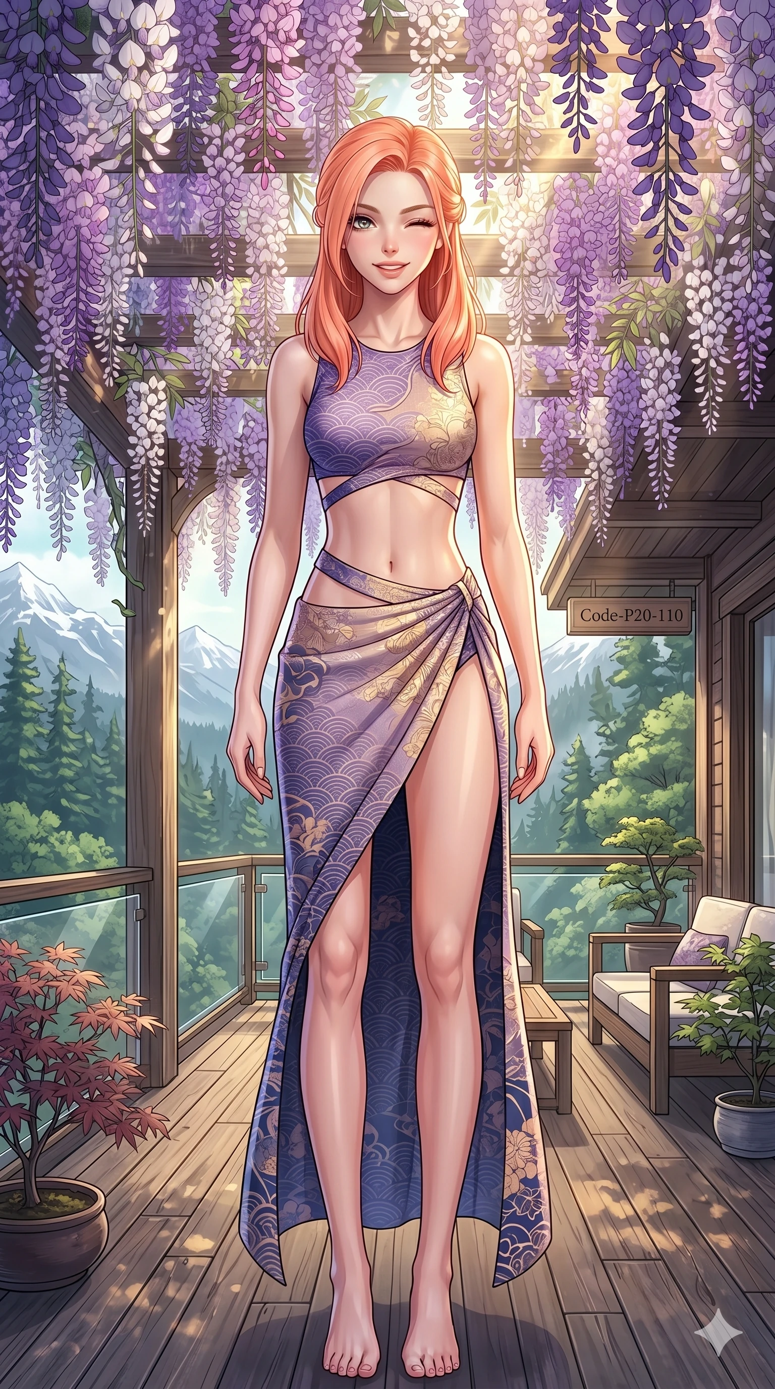 score_9, masterpiece, best quality, ultra-detailed, high-budget anime keyframe, vibrant anime aesthetic, Japanese woman. cowboy shot from the thighs up, character and outfit filling the frame for maximum presence. She is standing under wisteria vines, winking with a delightful and smiling face by a mountain resort deck overlooking the forest (Code-P20-110). She has an absolutely perfect 8-heads proportion, an exceptionally tall and slender female figure with impossibly long slender legs and an ultra-slim waist. V-shaped jawline, high-bridge nose, intricate jewel-like eyes with depth, thick eyelashes, glossy lips with a natural sheen. wearing a bodycon swimsuit with high-slit wrap and exposed midriff. She is soft gold sunbeams filtered through wisteria vines, creating a mystical and elegant glow. 2k, ultra detail, master piece, 9:16 ratio