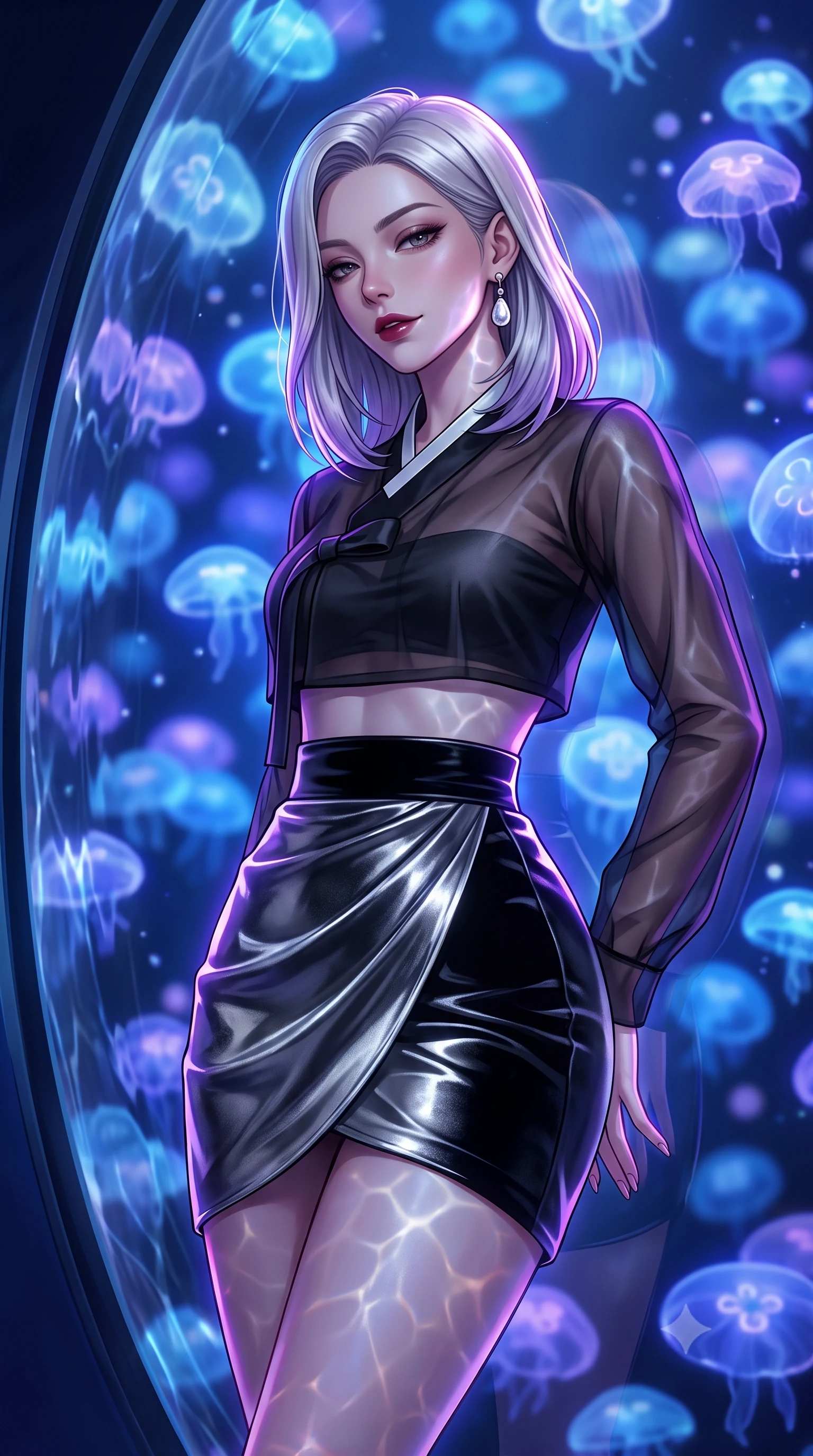 score_9, masterpiece, best quality, ultra-detailed, high-budget anime keyframe, semi-realistic 3D game render, editorial fashion photography, tasteful artistic composition, Caucasian woman. close-up cowboy shot from the waist and thighs up, the character dominates the composition, filling the frame with her large presence. glancing down over lowered lashes before meeting the camera with quiet, devastating intensity, her tailored outfit tracing her ultra-slim waist and hips while leaning against the curved observation glass with hips cocked back, casting an intoxicating, sultry bedroom-gaze through deep cobalt water ripples. The composition keeps background elements in soft focus with dreamy creamy bokeh. hundreds of luminous azure and violet floating jellyfish umbrellas blurred into dreamy sapphire, indigo, and ultraviolet bokeh. She has an exceptionally elegant, slender, and willowy female figure with an ultra-slim waist, flat toned midriff, narrow ribcage, and sculpted feminine hips creating an alluring, slim hourglass silhouette without bulk. sharp v-shaped jawline, high-bridge nose, intricate jewel-like dark sparkling eyes with dangerous depth, thick curled eyelashes, glossy parted lips with a rich wine sheen, smoldering seductive half-smile with bedroom-eyes, exuding effortless superiority and intoxicating dark allure, flawlessly proportioned anatomical accuracy, strict slender model proportions, natural body alignment, perfectly sculpted long slender limbs, ultra-slim waistline, clean dynamic posture without body distortion. wearing a modern fusion dark hanbok mini dress with a sheer silk organza jeogori and high-waisted velvet wrap skirt in metallic liquid silver and pitch black, made of semi-opaque dark contouring mesh clinging like a second skin, accented with a single dangling baroque pearl earring reflecting the amber glow, the high-waisted tailoring accentuating her ultra-slim waistline and the enchanting curve of her feminine hips with alluring dark charm. illuminated by pulsating ultraviolet rim lights and caustic water reflections sharply carving her razor-sharp jawline, narrow waist, and curvy hips. highly saturated vibrant anime colors, detailed shading with soft gradients, rich glossy textures, high-contrast stereoscopic depth, volumetric dynamic lighting, master piece, 9:16 ratio