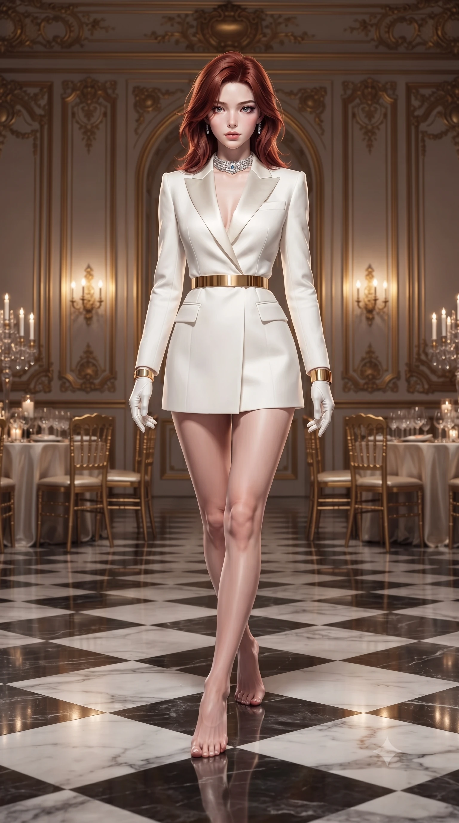 score_9, masterpiece, best quality, ultra-detailed, high-budget anime keyframe, editorial fashion photography, tasteful artistic composition, Korean woman. low angle full-body shot from head to toe showing her feet, filling the entire 9:16 vertical frame with her statuesque presence, stretching her vertical silhouette. landing lightly on the balls of her feet in a balanced kinetic stance, eyes locked onto the camera with fearless allure while gliding across the mirror-polished checkerboard marble floor of an imperial palace ballroom during a midnight gala. The surrounding environment is rendered in vivid detail and crisp panoramic clarity. sharp checkerboard marble floor reflections, ornate gold wall molding, and crystal table settings in deep focus. She has an absolutely perfect, statuesque 8.5-heads proportion, an exceptionally tall and slender model-like female figure with impossibly long slender legs, a toned flat midriff, and an ultra-slim waist. sharp v-shaped jawline, high-bridge nose, intricate jewel-like eyes with depth, thick eyelashes, glossy lips with a natural sheen, captivating and magnetic expression, flawlessly proportioned anatomical accuracy, strict slender model proportions, natural body alignment, perfectly sculpted long slender limbs, ultra-slim waistline, clean dynamic posture without body distortion. wearing a chic tailored white tuxedo jacket dress with satin lapels and an ultra-slim waist-cinching gold belt in pristine royal white and brushed gold, made of structured fine wool crepe and liquid silk satin, accessorized with a bold diamond choker and minimalist gold cuffs edition #25, the glove-like aerodynamic second-skin fit tightly clinging to her ultra-slender waist and athletic curves without adding bulk, accentuating her razor-sharp statuesque lines and slim hourglass silhouette. surrounded by a glamorous, exclusive, and breathtakingly captivating billionaire heiress aura. ultra-reflective glossy finish, specular highlights, rich textural contrasts, high-contrast stereoscopic depth, volumetric dynamic lighting, 2k, ultra detail, master piece, 9:16 ratio