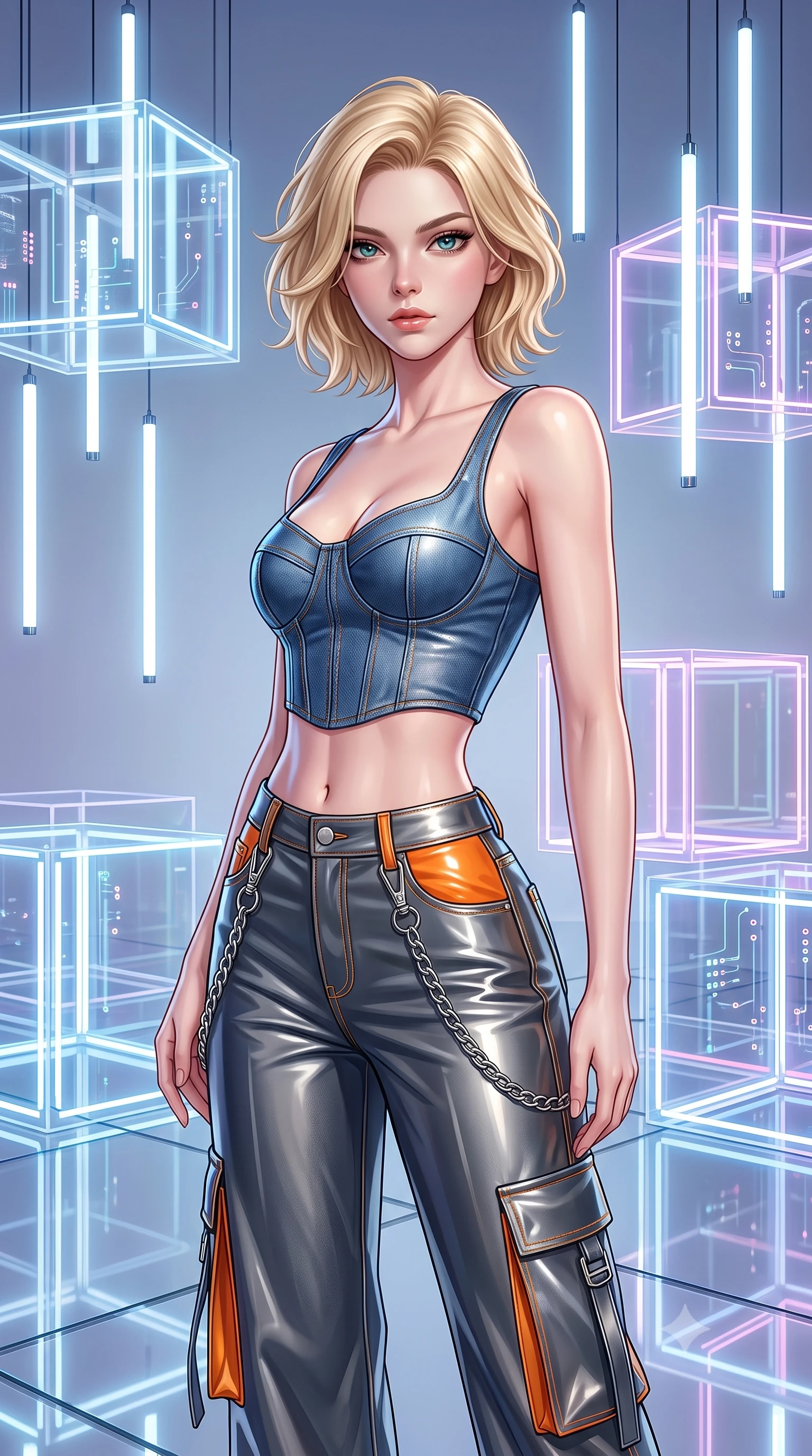 score_9, masterpiece, best quality, ultra-detailed, high-budget anime keyframe, semi-realistic 3D game render, editorial fashion photography, tasteful artistic composition, Caucasian woman. close-up cowboy shot from the waist and thighs up, the character dominates the composition, filling the frame with her large presence. radiating intense magnetic charisma with jewel-like eyes locked onto the viewer, her upper body turning in a dynamic, fluid S-curve while posing inside an avant-garde digital art gallery surrounded by glowing translucent acrylic cubes and suspended LED tubes. The surrounding environment is rendered in vivid detail and crisp panoramic clarity. crisp acrylic cube edges, internal LED filament circuits, and mirror-floor seams in deep focus. She has an exceptionally elegant, slender, and willowy female figure with an ultra-slim waist, a gracefully sculpted slender torso, toned flat midriff, and a refined slim silhouette. sharp v-shaped jawline, high-bridge nose, intricate jewel-like eyes with depth, thick eyelashes, glossy lips with a natural sheen, captivating and magnetic expression, flawlessly proportioned anatomical accuracy, strict slender model proportions, natural body alignment, perfectly sculpted long slender limbs, ultra-slim waistline, clean dynamic posture without body distortion. wearing a deconstructed denim corset crop top paired with high-waisted wide-leg utility jeans in metallic gunmetal and laser orange, tailored from second-skin aerodynamic stretch vinyl with specular sheen, accented with hanging industrial clip straps and chrome chain links, the form-contouring material adhering flawlessly to her sculpted flat midriff and slender torso, emphasizing her long leg lines and perfectly proportioned willowy build. surrounded by a cutting-edge, avant-garde, and mesmerizingly stylish future-fashion muse aura. highly saturated vibrant anime colors, detailed shading with soft gradients, rich glossy textures, high-contrast stereoscopic depth, volumetric dynamic lighting, master piece, 9:16 ratio