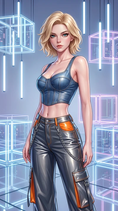 score_9, masterpiece, best quality, ultra-detailed, high-budget anime keyframe, semi-realistic 3D game render, editorial fashion photography, tasteful artistic composition, Caucasian woman. close-up cowboy shot from the waist and thighs up, the chara