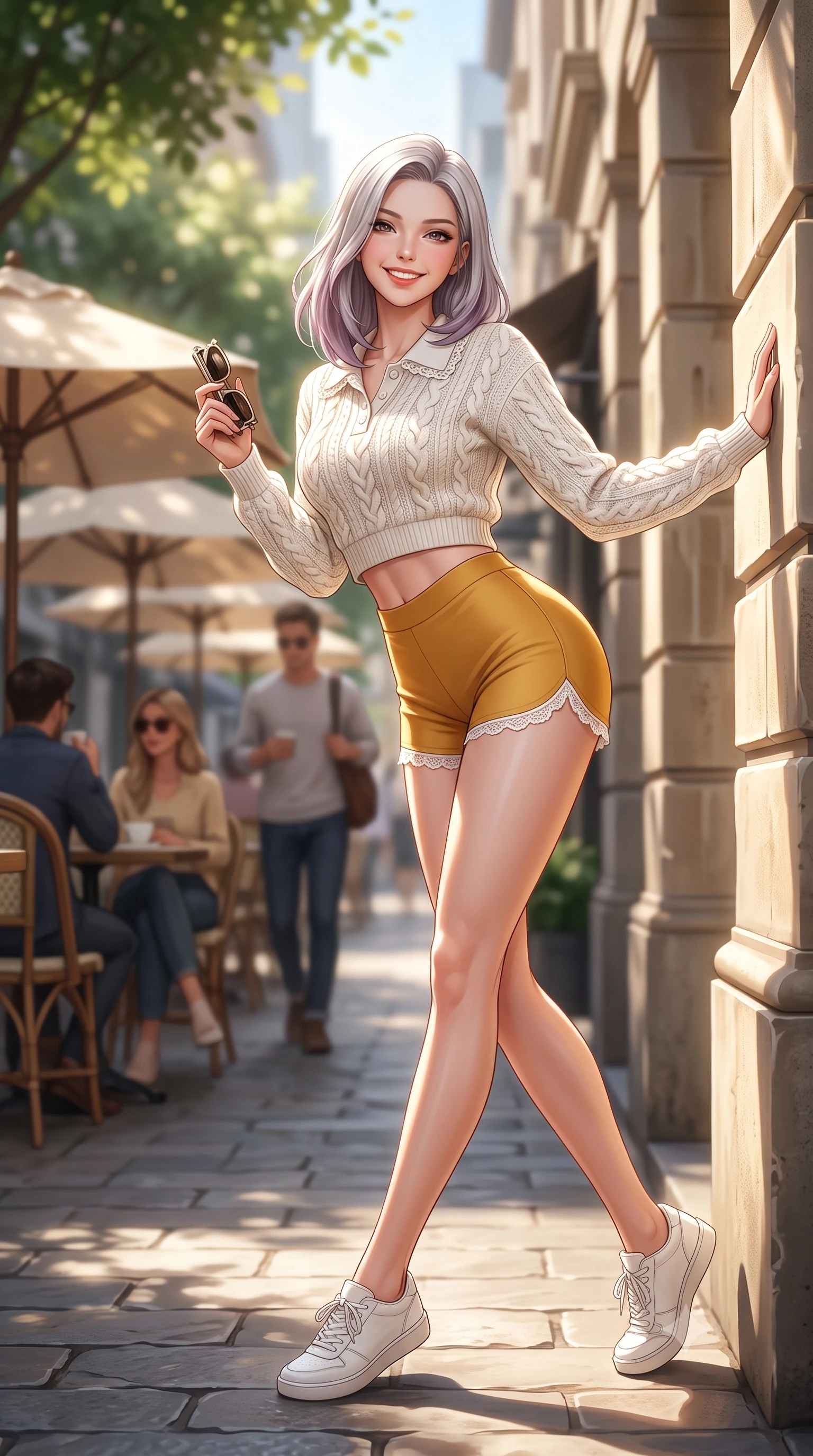 score_9, masterpiece, best quality, ultra-detailed, high-budget anime keyframe, semi-realistic 3D game render, editorial fashion photography, tasteful artistic composition, Caucasian woman. low angle full-body shot from head to toe showing her feet, filling the entire 9:16 vertical frame with her statuesque presence, stretching her vertical silhouette. leaning deep against the sunlit architecture with hips cocked back in a cute yet unapologetically alluring high-fashion stance, flashing a warm beaming smile while standing poised between vintage cafe umbrellas, twisting her slender torso in an alluring contrapposto stance in the filtered morning sunbeams. The composition keeps background elements in soft focus with dreamy creamy bokeh. dappled laneway light and passing stylish coffee-drinkers softened in trendy Melbourne shallow focus. She has an exceptionally tall and slender model-like 8.5-heads proportion, an ultra-slim waist, a flat toned midriff, narrow delicate ribcage, and beautifully sculpted feminine hips creating a graceful, slim hourglass silhouette without any bulky heaviness, with impossibly long slender legs. sharp v-shaped jawline, high-bridge nose, intricate jewel-like sparkling eyes with depth, thick eyelashes, glossy parted lips with a natural peach sheen, bright cheerful beaming smile with an enchanting and coquettish sensual glint, exuding both youthful cute charm and seductive allure, flawlessly proportioned anatomical accuracy, strict slender model proportions, natural body alignment, perfectly sculpted long slender limbs, ultra-slim waistline, clean dynamic posture without body distortion. wearing a cropped knitted polo sweater paired with high-cut tailored tennis shorts hugging her rounded hips in pure alabaster white and sun-kissed gold, crafted from liquid-tight stretch jersey emphasizing every curve, finished with delicate lace scallop edging along the neckline, the high-waisted tailoring accentuating her ultra-slim waistline and the enchanting curve of her feminine hips with alluring charm. illuminated by warm street bounce light sharply defining her sculpted collarbones, ultra-slim waist, and curvy hips. highly saturated vibrant anime colors, detailed shading with soft gradients, rich glossy textures, high-contrast stereoscopic depth, volumetric dynamic lighting, master piece, 9:16 ratio