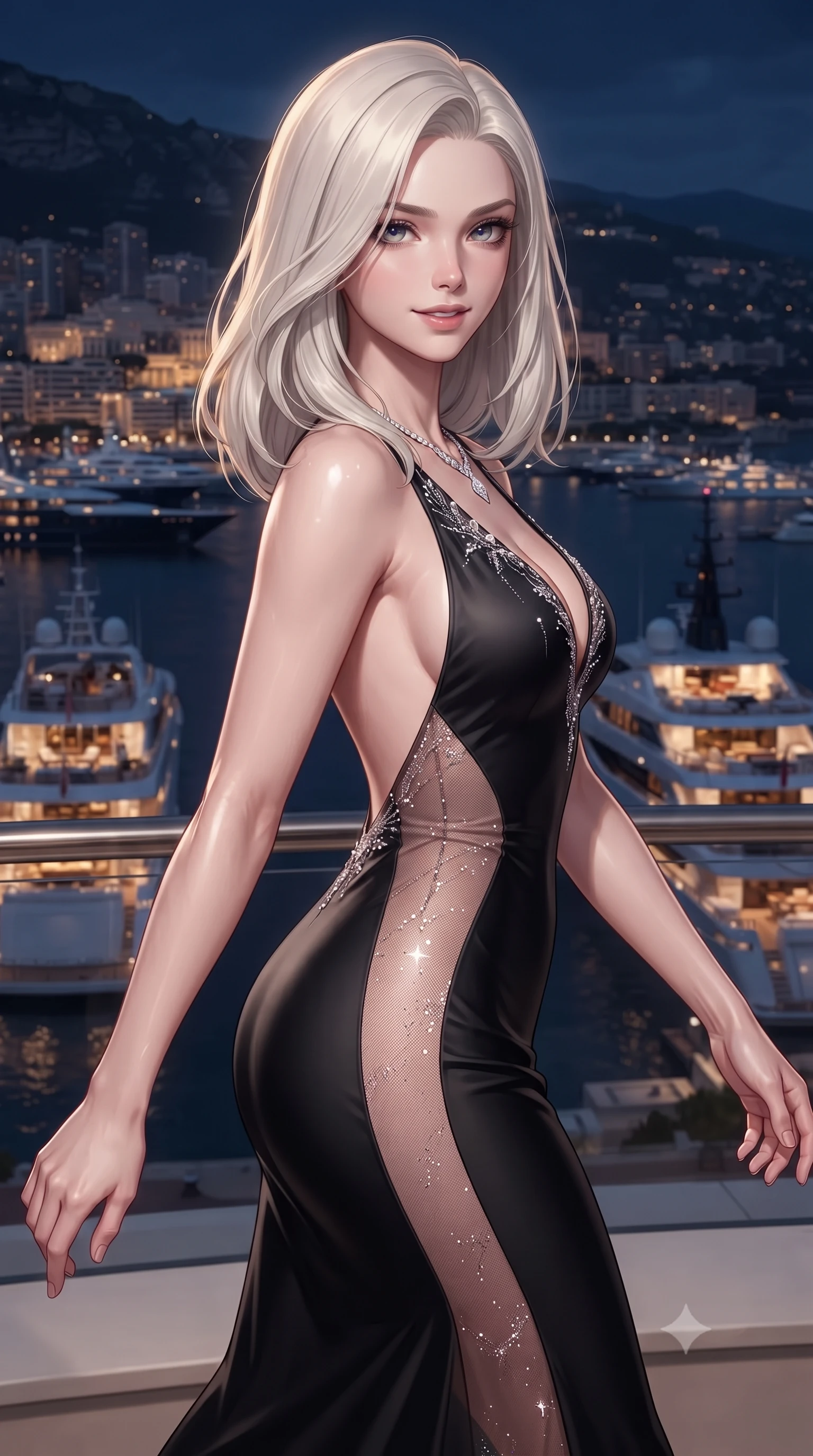 score_9, masterpiece, best quality, ultra-detailed, high-budget anime keyframe, editorial fashion photography, tasteful artistic composition, Caucasian woman. close-up cowboy shot from the waist and thighs up, the character dominates the composition, filling the frame with her large presence. turning over a bare shoulder with an intoxicating, teasing smile, her soft hair framing her sharp jawline as her hips angle gracefully while striding dynamically along the marina balcony as superyacht horns echo below, her glittering backless dress tightly hugging her feminine curves. The surrounding environment is rendered in vivid detail and crisp panoramic clarity. detailed sequin dress reflections, diamond necklace fire, and Mediterranean night harbor in high clarity. She has an exceptionally elegant, slender, and willowy female figure with an ultra-slim waist, a gracefully sculpted slender torso, toned flat midriff, and rounded feminine hips creating an alluring hourglass silhouette. sharp v-shaped jawline, high-bridge nose, intricate jewel-like eyes with depth, thick eyelashes, glossy parted lips with a natural sheen, intensely captivating and seductive bedroom-eyes expression, flawlessly proportioned anatomical accuracy, strict slender model proportions, natural body alignment, perfectly sculpted long slender limbs, ultra-slim waistline, clean dynamic posture without body distortion. wearing a second-skin black silk jersey maxi dress with asymmetrical sheer mesh side panels tracing the full curve of her hip in dusky blush rose and champagne shimmer, made of sheer contouring power-mesh with fine crystal flocking, finished with delicate crystal frost embroidery tracing the plunging neckline, the form-contouring material adhering flawlessly to her sculpted flat midriff and slender torso, emphasizing her long leg lines and perfectly proportioned willowy build. surrounded by an elite, intoxicating, and irresistibly glamorous Monte Carlo heiress aura. ultra-reflective glossy finish, specular highlights, rich textural contrasts, high-contrast stereoscopic depth, volumetric dynamic lighting, 2k, ultra detail, master piece, 9:16 ratio