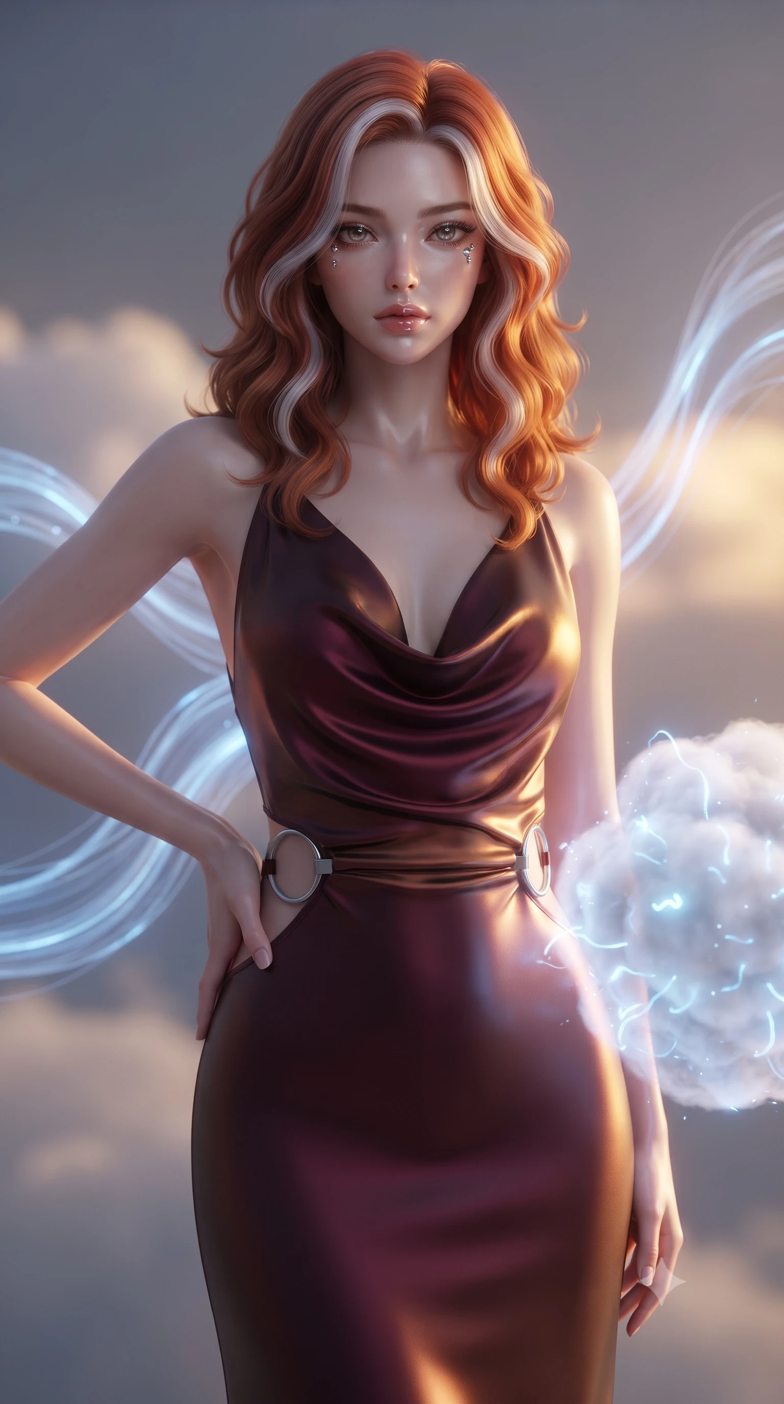 score_9, masterpiece, best quality, ultra-detailed, high-budget anime keyframe, editorial fashion photography, tasteful artistic composition, Caucasian woman. close-up cowboy shot from the waist and thighs up, the character dominates the composition, filling the frame with her large presence, background elements kept in soft focus. Holding a confident power pose with one hand on her hip, gazing directly into the camera with quiet intensity resting near a glowing cloud sphere emitting soft electric blue pulses, fine cloud threads weaving together into fluid ribbons in mid-air. She has an exceptionally elegant, slender, and willowy female figure with an ultra-slim waist, a gracefully sculpted slender torso, and a refined silhouette. sharp v-shaped jawline, high-bridge nose, intricate jewel-like eyes with depth, thick eyelashes, glossy lips with a natural sheen. wearing an elegant cowl-neck satin midi dress with a draped neckline in deep burgundy and bronze, formed from sleek second-skin neoprene, accented with delicate chrome ring hardware framing her waist, the glove-like fit emphasizing her statuesque silhouette. illuminated by soft internal cloud lightning and golden sunset backlighting. ultra-reflective glossy finish, specular highlights, metallic sheen, high-contrast stereoscopic depth, volumetric dynamic lighting, 2k, ultra detail, master piece, 9:16 ratio