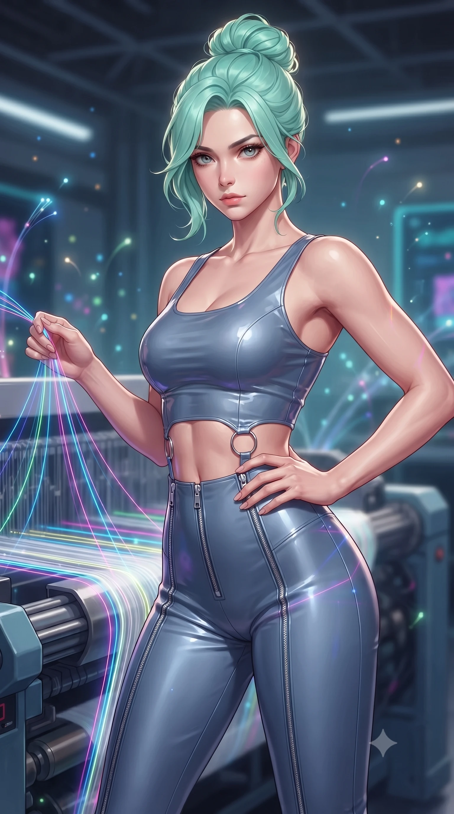 score_9, masterpiece, best quality, ultra-detailed, high-budget anime keyframe, editorial fashion photography, tasteful artistic composition, Japanese woman. close-up cowboy shot from the waist and thighs up, the character dominates the composition, filling the frame with her large presence, background elements kept in soft focus. Holding a confident power pose with one hand on her hip, gazing directly into the camera with quiet intensity threading fluorescent fiber optic lines on a massive 3D light loom, glowing fiber optic motes drifting like fireflies in the background. She has an exceptionally elegant, slender, and willowy female figure with an ultra-slim waist, a gracefully sculpted slender torso, and a refined silhouette. sharp v-shaped jawline, high-bridge nose, intricate jewel-like eyes with depth, thick eyelashes, glossy lips with a natural sheen. wearing a glossy vinyl crop top and high-waist tailored leggings with sleek zippers in slate blue and metallic silver, crafted from smooth liquid silk, accented with delicate chrome ring hardware framing her waist, the tailored fabric tightly following every curve of her athletic build. bathed in sharp geometric laser grid highlights and soft ambient fill. highly saturated vibrant anime colors, detailed shading with soft gradients, rich glossy textures, high-contrast stereoscopic depth, volumetric dynamic lighting, master piece, 9:16 ratio