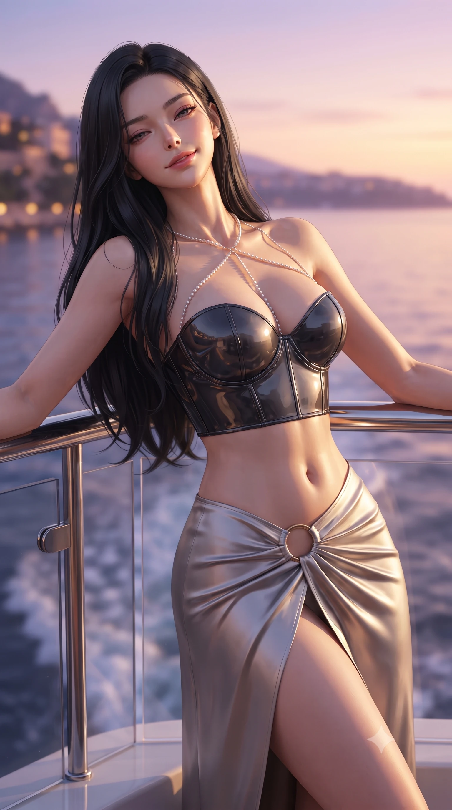score_9, masterpiece, best quality, ultra-detailed, high-budget anime keyframe, editorial fashion photography, tasteful artistic composition, Korean woman. close-up cowboy shot from the waist and thighs up, the character dominates the composition, filling the frame with her large presence. leaning back against the balustrade with relaxed seductive grace, head tilted back slightly while casting a hypnotic, heavy-lidded gaze while twisting her slender torso in an alluring contrapposto stance beside the teak sun loungers, golden hour light caressing her sculpted flat midriff and hips. The background shows a soft-focus endless purple and gold sunset horizon over the Côte d'Azur, distant Monaco cliffside lights, and gentle wake ripples blurred into coral, lavender, and sapphire bokeh. She has an exceptionally elegant, slender, and willowy female figure with an ultra-slim waist, flat toned midriff, narrow ribcage, and sculpted feminine hips creating an alluring, slim hourglass silhouette without bulk. sharp v-shaped jawline, high-bridge nose, intricate jewel-like sparkling eyes with depth, thick eyelashes, glossy parted lips with a natural peach sheen, bright cheerful beaming smile with an enchanting and coquettish sensual glint, exuding both youthful cute charm and seductive allure, flawlessly proportioned anatomical accuracy, strict slender model proportions, natural body alignment, perfectly sculpted long slender limbs, ultra-slim waistline, clean dynamic posture without body distortion. wearing a sculpted leatherette underwire bustier paired with a high-slit silk satin wrap skirt with gold ring hardware in smoky charcoal noir and reflective metallic platinum, crafted from high-tensile reflective patent leather with sleek specular highlights, accented with a pearl-drop body harness subtly framing her dewy collarbones and spine, the second-skin tailored fabric adhering flawlessly to her sculpted flat midriff and slender torso, emphasizing her long leg lines and perfectly proportioned willowy build. bathed in the breathtaking 3000K golden hour sunlight transitioning into saturated crimson-coral twilight. ultra-reflective glossy finish, specular highlights, rich textural contrasts, high-contrast stereoscopic depth, volumetric dynamic lighting, 2k, ultra detail, master piece, 9:16 ratio