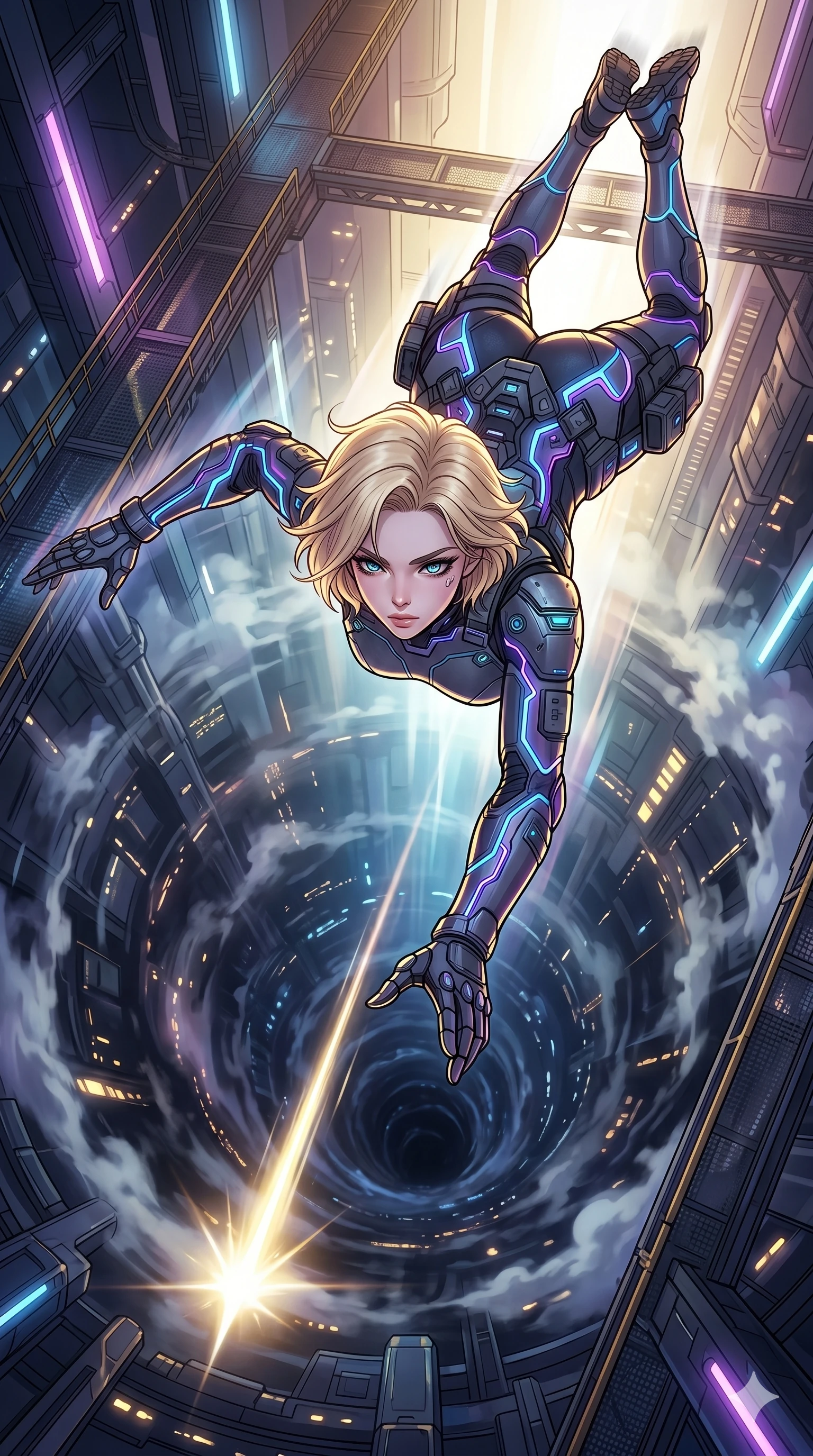 score_9, masterpiece, best quality, ultra-detailed, high-budget anime movie keyframe, cinematic anime lighting, intricate line art, Japanese woman. Extreme high angle shot as she leaps towards the camera, filling the frame. reaching for a falling star as it disappears into a bottomless pit. She has an graceful and slender female figure with elegant proportions. strictly human anatomy, two legs only, no extra limbs, clearly defined legs and arms, well-defined anatomy, perfect hands and fingers. sharp v-shaped jawline, high-bridge nose, intricate jewel-like eyes, thick eyelashes, glossy lips. Wearing Tech-Fantasy: Advanced cybernetic tech-suit with glowing seams and modular tactical gear. The scene is illuminated by dramatic atmospheric lighting and vibrant color palettes. , 2k, ultra detail, master piece, 9:16 ratio