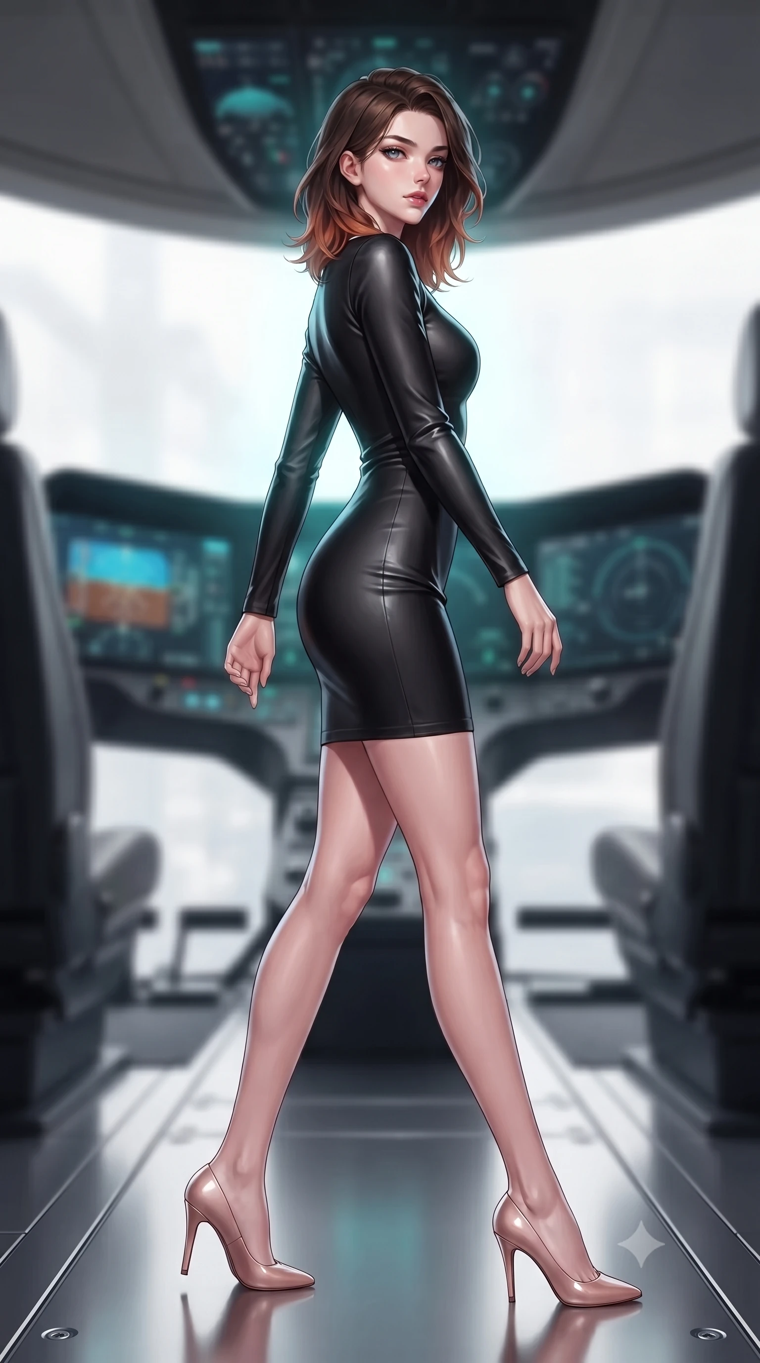 score_9, masterpiece, best quality, ultra-detailed, high-budget anime keyframe, editorial fashion photography, tasteful artistic composition, Korean woman. low angle full-body shot from head to toe showing her feet, filling the entire 9:16 vertical frame with her statuesque presence, stretching her vertical silhouette. stepping gracefully while looking back over her shoulder, her dress draped tightly to reveal her silhouette the background shows a soft-focus the pilot seat of a luxury helicopter with high-tech curved monitor screens. She has an absolutely perfect, statuesque 8.5-heads proportion, an exceptionally tall and slender model-like female figure with impossibly long slender legs and an ultra-slim waist. sharp v-shaped jawline, high-bridge nose, intricate jewel-like eyes with depth, thick eyelashes, glossy lips with a natural sheen. wearing a body-hugging form-fitting black bodycon dress in structured crepe fabric with a simple crew neck. soft cyan glow radiating from the screens onto her sharp jawline. ultra-reflective glossy finish, specular highlights, metallic sheen, high-contrast stereoscopic depth, volumetric dynamic lighting, 2k, ultra detail, master piece, 9:16 ratio