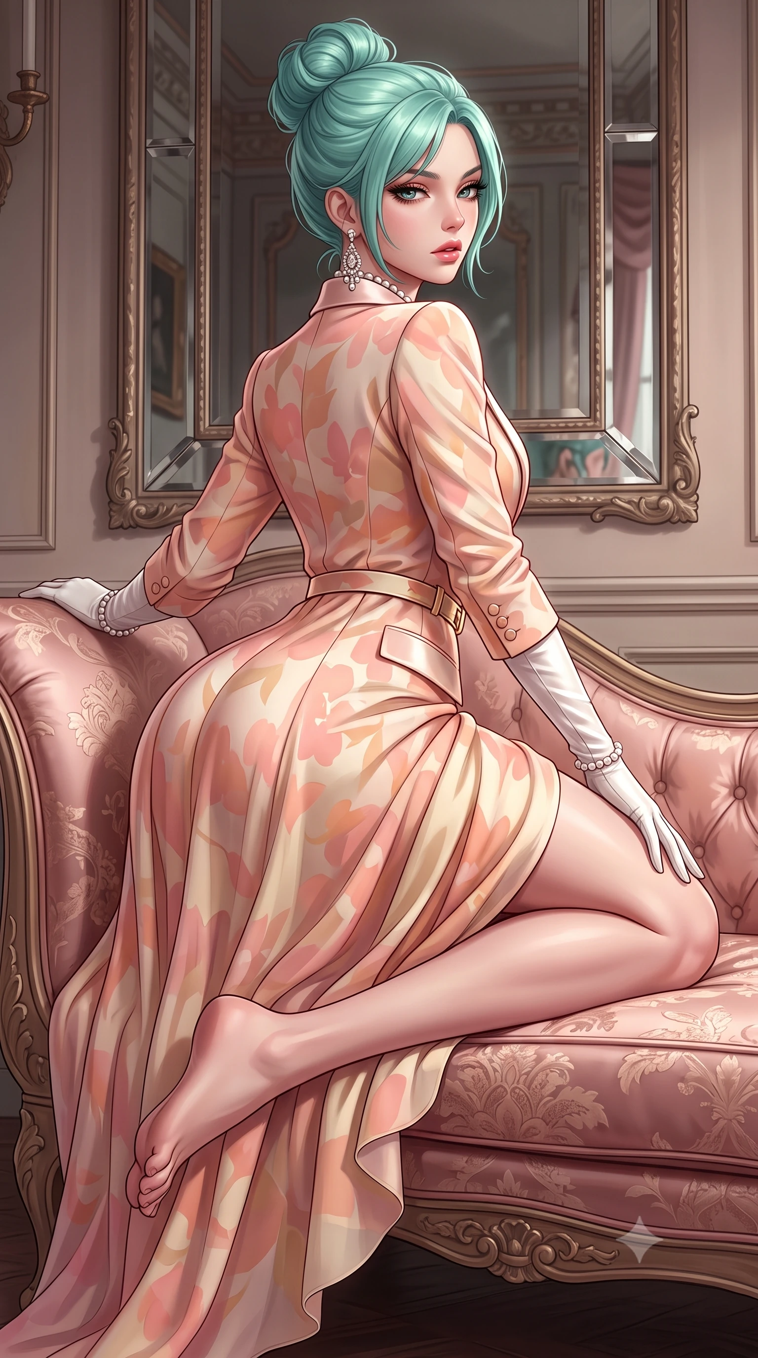 score_9, masterpiece, best quality, ultra-detailed, high-budget anime keyframe, semi-realistic 3D game render, editorial fashion photography, tasteful artistic composition, Japanese woman. low angle full-body shot from head to toe showing her feet, filling the entire 9:16 vertical frame with her statuesque presence, stretching her vertical silhouette. posing with back turned slightly to the lens, glancing back with smoldering allure as she arches her lower back to emphasize her sculpted feminine hips and slender waist while reclining on an antique blush silk chaise lounge with one knee drawn up, the dramatic contour of her rounded hips commanding the frame. The surrounding environment is rendered in vivid detail and crisp panoramic clarity. detailed silk brocade patterns, antique mirror bevels, and pearl jewelry luster in high resolution. She has an absolutely perfect, statuesque 8.5-heads proportion, an exceptionally tall and slender model-like female figure with impossibly long slender legs, a toned flat midriff, an ultra-slim waist, and beautifully sculpted feminine hips. sharp v-shaped jawline, high-bridge nose, intricate jewel-like eyes with depth, thick eyelashes, glossy parted lips with a natural sheen, intensely captivating and seductive bedroom-eyes expression, flawlessly proportioned anatomical accuracy, strict slender model proportions, natural body alignment, perfectly sculpted long slender limbs, ultra-slim waistline, clean dynamic posture without body distortion. wearing a tailored pastel tuxedo jacket dress with silk satin lapels and a slim gold-buckle belt in soft peach blossom pink and warm cream, woven from layered gossamer chiffon with a weightless sweeping drape, accessorized with opera-length white satin gloves and sparkling chandelier earrings, the second-skin form-contouring cut accentuating her sculpted flat midriff, narrow waistline, and dramatically curvy hips without adding bulk. surrounded by an aristocratic, scandalous, and breathlessly mesmerizing imperial duchess aura. highly saturated vibrant anime colors, detailed shading with soft gradients, rich glossy textures, high-contrast stereoscopic depth, volumetric dynamic lighting, master piece, 9:16 ratio