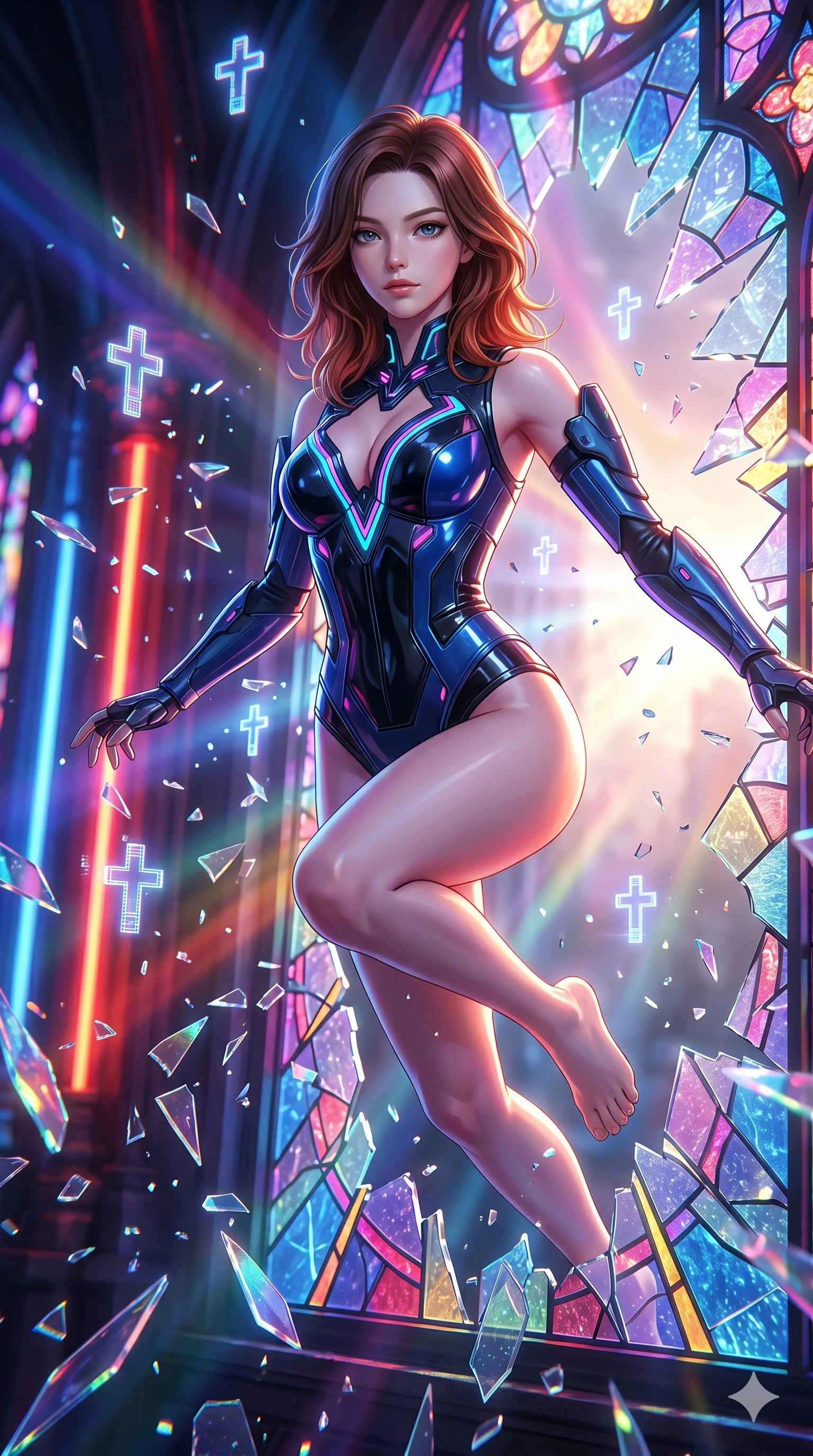 score_9, masterpiece, best quality, ultra-detailed, high-budget anime keyframe, editorial fashion photography, tasteful artistic composition, Korean woman. Upper body close-up from the thighs up, character filling the screen for maximum presence. She is leaping through shattered stained glass of a neon-lit futuristic cathedral. She maintains a serene yet captivating expression amidst a rain of glowing shards and floating digital cross symbols. She has an absolutely perfect 8-heads proportion, a tall and elegant figure with a refined silhouette and a defined waistline. V-shaped jawline, high-bridge nose, intricate jewel-like eyes with depth, thick eyelashes, glossy lips with a natural sheen. She is wearing a structured cybernetic bodice in glossy vinyl panels, paired with detached sleeves and a refined V-neckline detailed with glowing piping. The scene is backlit by intense multi-colored neon light rays and volumetric dawn light filtering through fog. 2k, ultra detail, master piece, 9:16 ratio