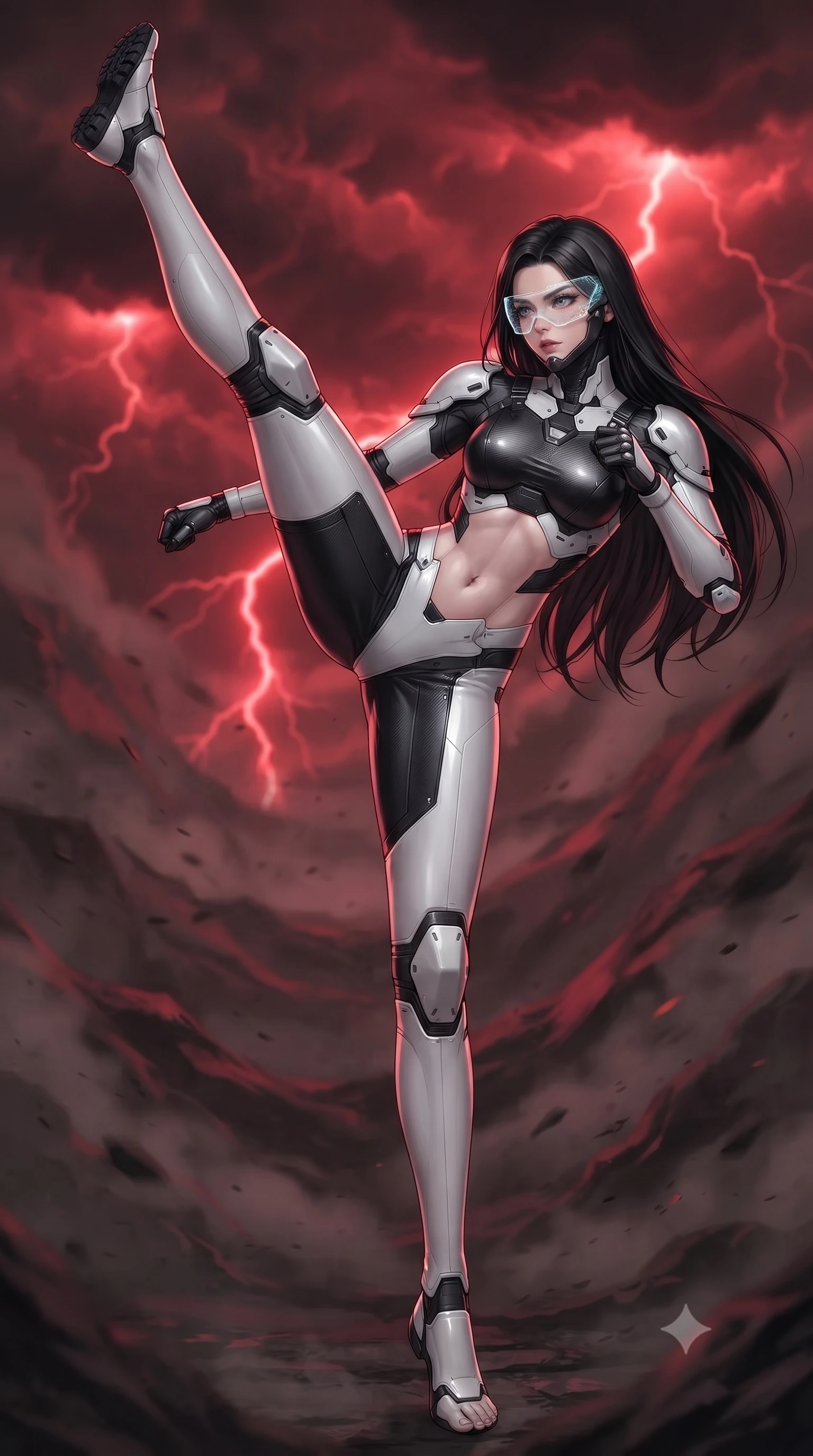 score_9, masterpiece, best quality, ultra-detailed, high-budget anime keyframe, editorial fashion photography, tasteful artistic composition, Korean woman. low angle full-body shot from head to toe showing her feet, filling the entire 9:16 vertical frame with her statuesque presence, stretching her vertical silhouette. executing a breathtaking zero-gravity high-kick with full 180-degree vertical extension, her impossibly long slender legs dominating the frame with razor-sharp poise while marching solitary across an endless toxic ash wasteland beneath red lightning storm clouds with heavy armored pauldrons glistening. The composition keeps background elements in soft focus with creamy bokeh. distant red lightning storm forks and swirling volcanic ash sheets blurred into dark slate, crimson, and charcoal bokeh. She has an absolutely perfect, statuesque 8.5-heads proportion, an exceptionally tall and slender model-like female figure with impossibly long slender legs, a toned flat midriff, and an ultra-slim waist. sharp v-shaped jawline, high-bridge nose, intricate jewel-like eyes with depth, thick eyelashes, glossy lips with a natural sheen, fierce and resolute heroine expression, flawlessly proportioned anatomical accuracy, strict slender model proportions, natural body alignment, perfectly sculpted long slender limbs, ultra-slim waistline, clean dynamic posture without body distortion. wearing an open-face aerodynamic carbon-fiber combat helmet with a retracted transparent holographic HUD visor framing her sharp jawline and jewel-like eyes, paired with a form-contouring high-mobility battle-suit featuring sculpted carbon chest plating, diagonal midriff ventilation cutouts, and kinetic knee vambraces in monochrome white enamel carbon with high-contrast black tactical panels, formed from high-gloss patent carbon-plating with specular dystopian chiaroscuro reflections, complemented by criss-cross back harness straps highlighting her completely bare spine, the sleek second-skin cut tightly hugging her graceful clavicle, narrow waist, and feminine curves with athletic precision. bathed in eerie crimson lightning storm backlighting and ominous dark ash ambient fill. ultra-reflective glossy finish, specular highlights, dark metallic sheen, high-contrast stereoscopic depth, volumetric dynamic lighting, 2k, ultra detail, master piece, 9:16 ratio