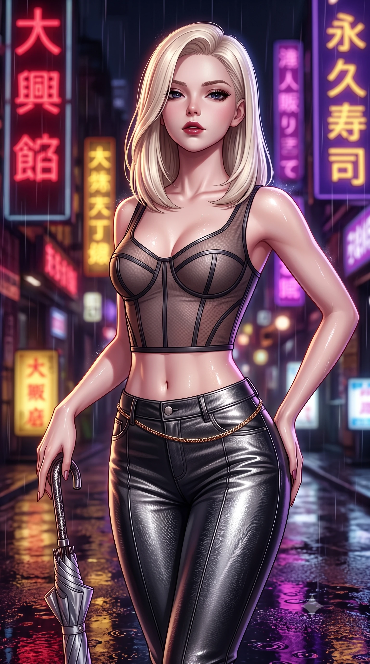 score_9, masterpiece, best quality, ultra-detailed, high-budget anime keyframe, semi-realistic 3D game render, editorial fashion photography, tasteful artistic composition, Caucasian woman. close-up cowboy shot from the waist and thighs up, the character dominates the composition, filling the frame with her large presence. tilting her chin up slightly with lips parted in a composed, sovereign expression, her body curving in an alluring S-line that accentuates her hip contour while resting one hand on the umbrella handle while turning in an alluring contrapposto stance, her smoldering bedroom-eyes holding the lens with magnetic intensity. The composition keeps background elements in soft focus with dreamy creamy bokeh. vertical kanji neon signs in deep crimson, gold, and royal purple blurred into dazzling saturated reflections and dreamy rain bokeh. She has an exceptionally elegant, slender, and willowy female figure with an ultra-slim waist, flat toned midriff, narrow ribcage, and sculpted feminine hips creating an alluring, slim hourglass silhouette without bulk. sharp v-shaped jawline, high-bridge nose, intricate jewel-like dark sparkling eyes with dangerous depth, thick curled eyelashes, glossy parted lips with a rich wine sheen, smoldering seductive half-smile with bedroom-eyes, exuding effortless superiority and intoxicating dark allure, flawlessly proportioned anatomical accuracy, strict slender model proportions, natural body alignment, perfectly sculpted long slender limbs, ultra-slim waistline, clean dynamic posture without body distortion. wearing a cropped structured bodice top paired with ultra-fitted high-waisted leather trousers tracing her hips in metallic liquid silver and pitch black, made of semi-opaque dark contouring mesh clinging like a second skin, finished with a delicate gold snake chain belt resting loosely across her curvy hips, the form-fitting cut adhering flawlessly to her sculpted flat midriff and slender torso, emphasizing her long leg lines and perfectly proportioned willowy build. illuminated by wet ground specular reflections accentuating her sculpted collarbones, ultra-slim waist, and curvy hips. highly saturated vibrant anime colors, detailed shading with soft gradients, rich glossy textures, high-contrast stereoscopic depth, volumetric dynamic lighting, master piece, 9:16 ratio