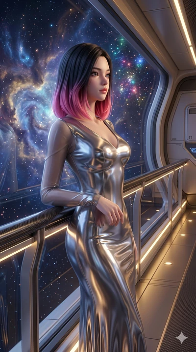 score_9, masterpiece, best quality, ultra-detailed, high-budget anime keyframe, semi-realistic 3D game render, Korean woman. Upper body close-up from the thighs up, character filling the screen for maximum presence. On the observation deck of a luxur