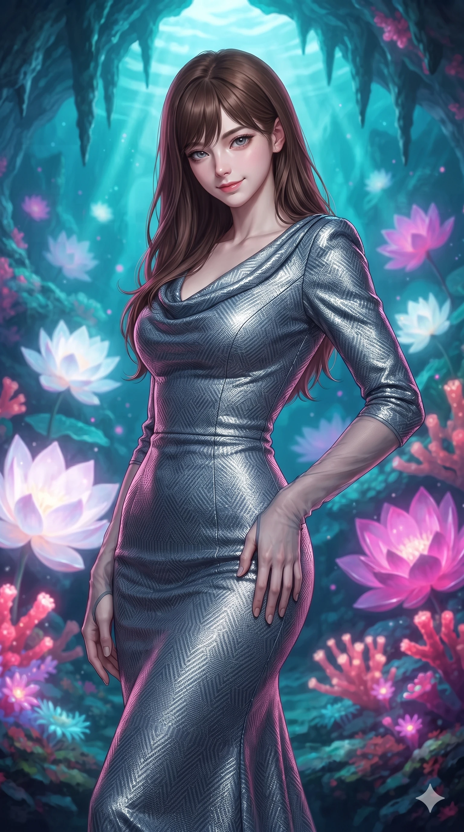 score_9, masterpiece, best quality, ultra-detailed, high-budget anime keyframe, editorial fashion photography, tasteful artistic composition, Korean woman. close-up cowboy shot from the waist and thighs up, the character dominates the composition, filling the frame with her large presence. tilting her head with a teasing half-smile, running one hand slowly down the side of her hip in a flirtatious S-curve as ambient light caresses her silhouette while twisting her slender torso in an alluring contrapposto stance, fluorescent turquoise water currents and pink lotus glows playing across her narrow waist and curvy hips. The background shows a soft-focus giant glowing white and magenta lotus blossoms, pulsing fluorescent coral polyps, and stalactite ceiling blurred into turquoise, coral, and emerald bokeh. She has an exceptionally elegant, slender, and willowy female figure with an ultra-slim waist, flat toned midriff, narrow ribcage, and sculpted feminine hips creating an alluring, slim hourglass silhouette without bulk. sharp v-shaped jawline, high-bridge nose, intricate jewel-like sparkling eyes with depth, thick eyelashes, glossy parted lips with a natural peach sheen, bright cheerful beaming smile with an enchanting and coquettish sensual glint, exuding both youthful cute charm and seductive allure, flawlessly proportioned anatomical accuracy, strict slender model proportions, natural body alignment, perfectly sculpted long slender limbs, ultra-slim waistline, clean dynamic posture without body distortion. wearing a refined long-sleeve cowl-neck satin evening gown with modest draped neckline and tailored waistline in slate blue and metallic silver, woven from structured carbon-fiber jacquard with rich textural depth, complemented by sheer opera-length evening gloves tracing her slender arms, the bespoke structured tailoring following the natural line of her 8.5-heads silhouette with refined elegance. bathed in the ethereal natural fluorescence of living turquoise corals mixed with the soft pink radiance of glowing lotuses. ultra-reflective glossy finish, specular highlights, rich textural contrasts, high-contrast stereoscopic depth, volumetric dynamic lighting, 2k, ultra detail, master piece, 9:16 ratio
