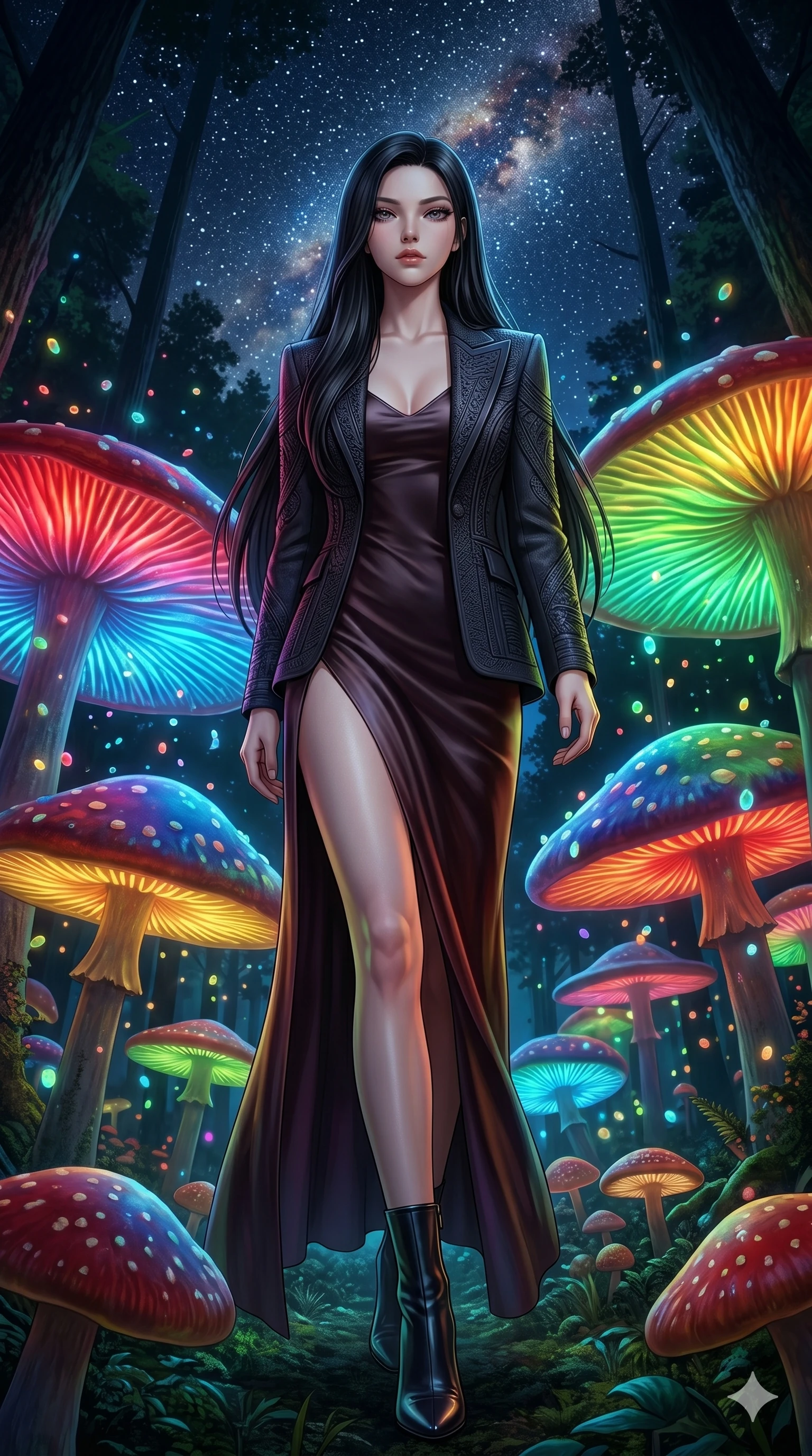 score_9, masterpiece, best quality, ultra-detailed, Set A: Photorealistic 8k CG, Japanese woman. Low angle cowboy shot filling the entire 9:16 frame with her statuesque presence. Walking through a forest of giant mushrooms that glow in rainbow colors under a starry sky. She has an absolutely perfect 8-heads proportion, an exceptionally tall and slender female figure with elegant long slender legs and an slender waist. Sharp v-shaped jawline, high-bridge nose, intricate jewel-like eyes with depth, thick eyelashes, glossy lips. Wearing a High-Fashion Editorial outfit: silk slip dress with a high side slit and structured blazer. Background is a bright and colorful fantasy forest with glowing spores and vibrant mushroom caps. 2k, ultra detail, master piece, 9:16 ratio