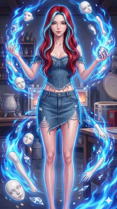 score_9, masterpiece, best quality, ultra-detailed, high-budget anime keyframe, Japanese woman. upper body close-up from the thighs up, character filling the screen for maximum presence. assisting in an alchemical porcelain workshop where floating wh