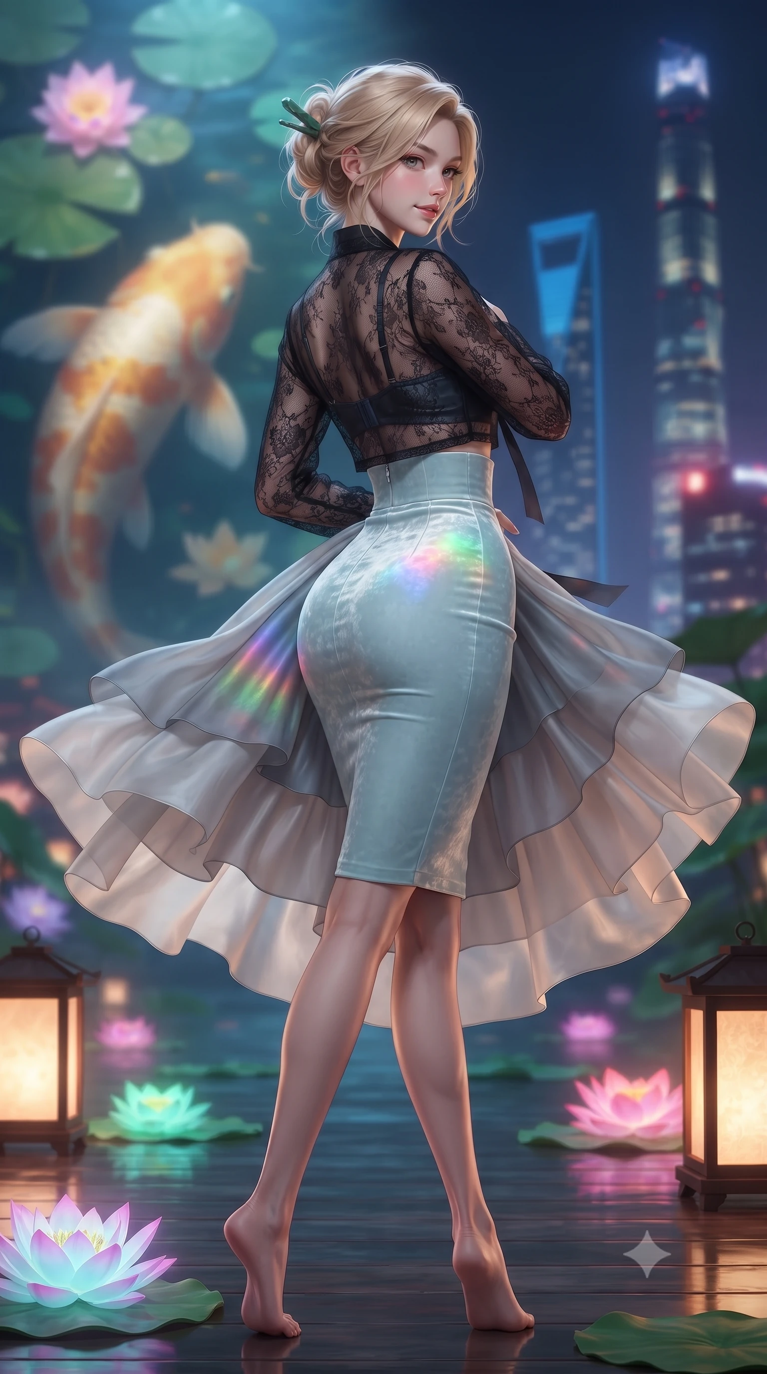 score_9, masterpiece, best quality, ultra-detailed, high-budget anime keyframe, editorial fashion photography, tasteful artistic composition, Caucasian woman. low angle full-body shot from head to toe showing her feet, filling the entire 9:16 vertical frame with her statuesque presence, stretching her vertical silhouette. executing a graceful dancer pivot turn as her layered silk chima skirt flutters around her slender legs, glancing over her shoulder with an intoxicating bedroom-gaze while twisting her slender torso in an alluring S-curve, glowing neon water lilies and traditional lanterns casting colorful reflections across her hips. The background shows a soft-focus swimming golden koi fish beneath lotus pads and distant illuminated Shanghai skyscrapers softened in surreal fusion shallow focus. She has an absolutely perfect, statuesque 8.5-heads proportion, an exceptionally tall and slender model-like female figure with impossibly long slender legs, an ultra-slim waist, a flat toned midriff, narrow delicate ribcage, and beautifully sculpted feminine hips creating a graceful, slim hourglass silhouette without any bulky heaviness. sharp v-shaped jawline, high-bridge nose, intricate jewel-like dark sparkling almond eyes with depth, thick lashes, glossy parted lips with a natural rose-plum sheen, bright alluring and coquettish smile with bedroom-eyes, exuding both timeless oriental elegance and sovereign high-fashion allure, flawlessly proportioned anatomical accuracy, strict slender model proportions, natural body alignment, perfectly sculpted long slender limbs, ultra-slim waistline, clean dynamic posture without body distortion. wearing a sheer black lace jeogori worn over an opaque dark silk bralette with an ultra-fitted high-waisted pencil skirt in pure celadon porcelain blue and cloud white, crafted from sumptuous crushed winter velvet with deep light-absorbing plushness, featuring a modern sculptural jade hair pin securing her loose silky updo, the glove-like silhouette tightly following the natural contour of her hips and long slender legs with youthful 8.5-heads elegance. illuminated by pavilion floor light panels and sharp gold rim lights defining her razor-sharp jawline, narrow waist, and curvy hips. ultra-reflective glossy finish, specular highlights, rich textural contrasts, high-contrast stereoscopic depth, volumetric dynamic lighting, 2k, ultra detail, master piece, 9:16 ratio