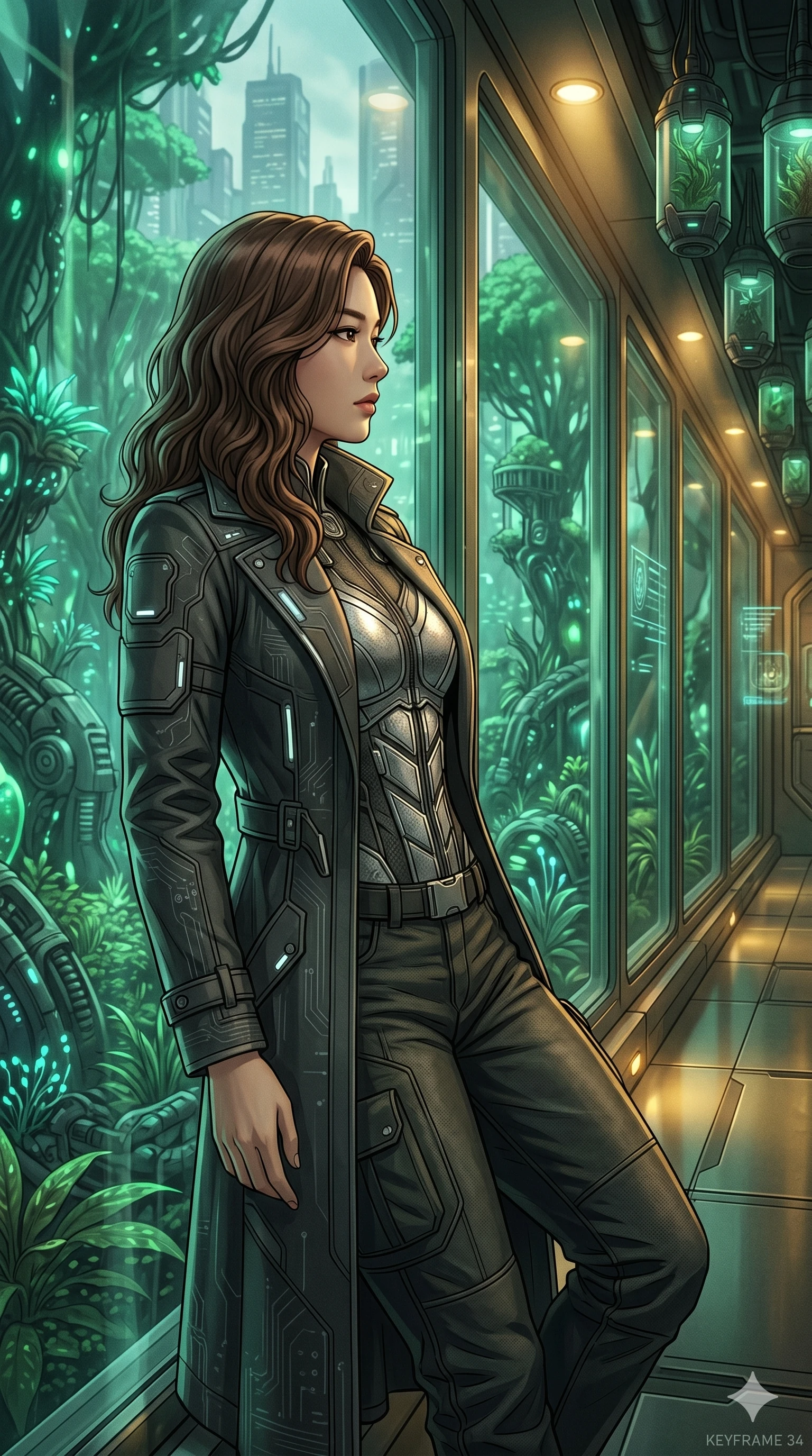 score_9, masterpiece, best quality, ultra-detailed, high-budget anime keyframe, Korean woman. Upper body close-up from the thighs up, character filling the screen for maximum presence. Inside a biotech garden corridor with windows showing a futuristic forest, leaning against the glass, looking at the forest with a thoughtful gaze. She is wearing a tailored tech-wear trench coat worn over a silver bodice and dark pants. The scene is bathed in the cool green light of the forest and warm corridor lights. 2k, ultra detail, master piece, 9:16 ratio