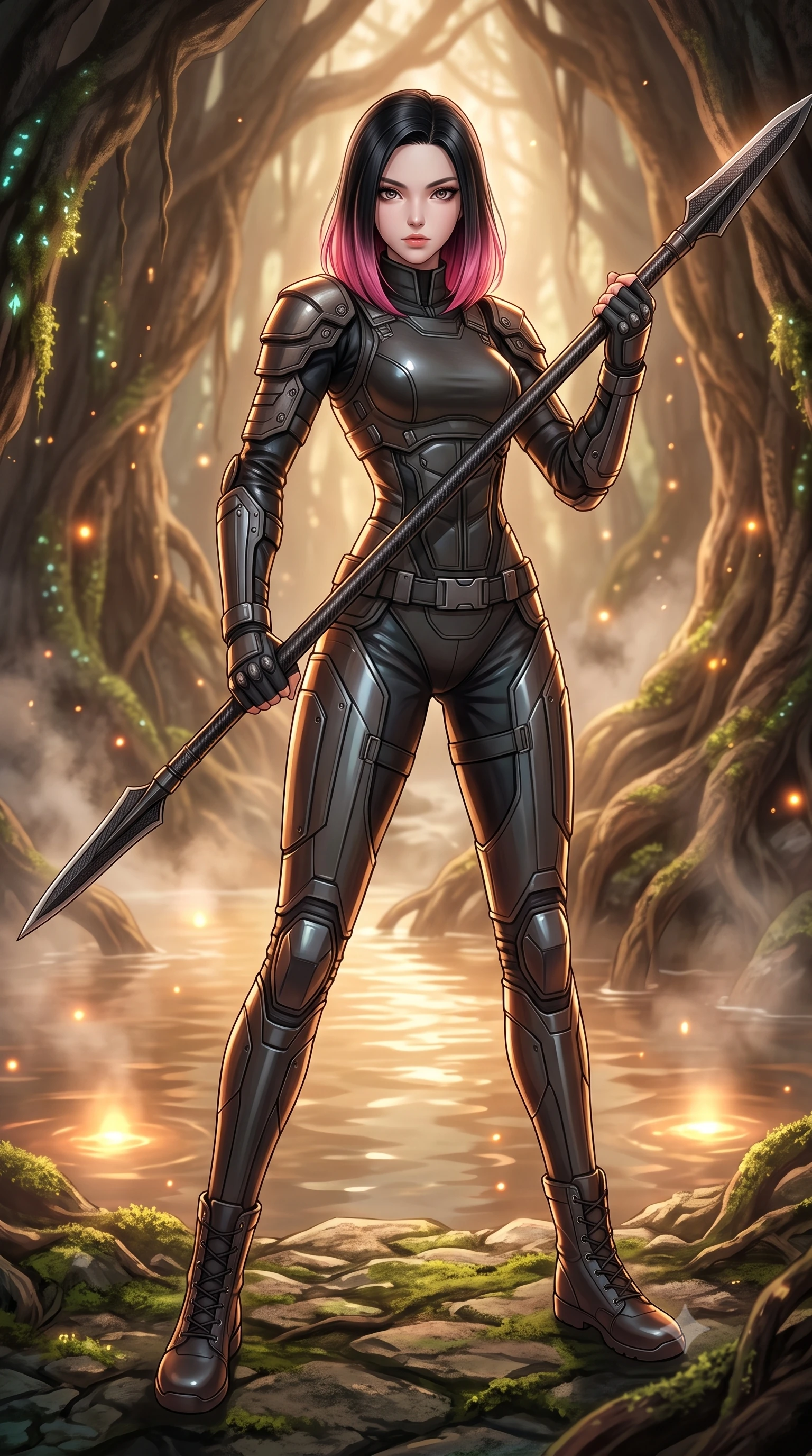 score_9, masterpiece, best quality, ultra-detailed, high-budget anime keyframe, editorial fashion photography, tasteful artistic composition, Korean woman. low angle full-body shot from head to toe showing her feet, filling the entire 9:16 vertical frame with her statuesque presence, stretching her vertical silhouette. standing in a dynamic combat stance with a carbon-fiber spear held diagonally, stretching her statuesque body, the background shows a soft-focus a root cavity hot spring inside a banyan tree, with warm water and steam. She has an absolutely perfect, statuesque 8.5-heads proportion, an exceptionally tall and slender model-like female figure with impossibly long slender legs and an ultra-slim waist. sharp v-shaped jawline, high-bridge nose, intricate jewel-like eyes with depth, thick eyelashes, glossy lips with a natural sheen. wearing a form-contouring futuristic combat uniform with structured shoulder armor plates, worn over a high-collar ballistic vest and trousers. soft flickering light from glowing moss reflecting on the water surface. highly saturated vibrant anime colors, detailed shading with soft gradients, rich glossy textures, high-contrast stereoscopic depth, volumetric dynamic lighting, master piece, 9:16 ratio