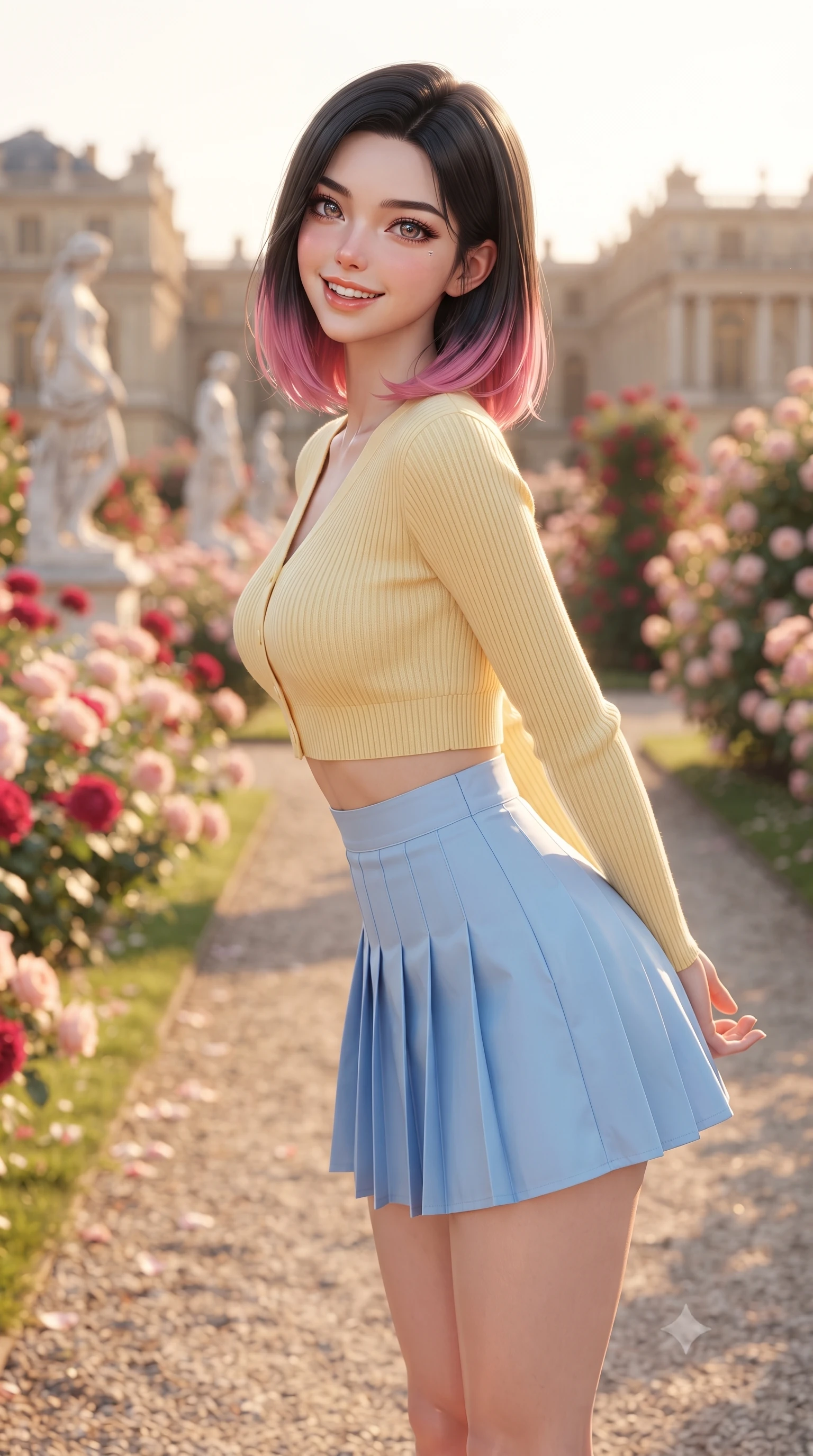 score_9, masterpiece, best quality, ultra-detailed, high-budget anime keyframe, editorial fashion photography, tasteful artistic composition, Korean woman. close-up cowboy shot from the waist and thighs up, the character dominates the composition, filling the frame with her large presence. resting both hands lightly behind her back while leaning toward the lens with a cheerful, teasing grin, her form-fitting outfit hugging her narrow waist and feminine hip curve while twisting her slender torso in an alluring S-curve beside classical marble statues as afternoon sun warms the blooming rose garden. The composition keeps background elements in soft focus with dreamy creamy bokeh. towering blooming rose bushes, marble classical statues, and imperial palace facades blurred into crimson, blush pink, and imperial gold bokeh. She has an exceptionally elegant, slender, and willowy female figure with an ultra-slim waist, flat toned midriff, narrow ribcage, and sculpted feminine hips creating an alluring, slim hourglass silhouette without bulk. sharp v-shaped jawline, high-bridge nose, intricate jewel-like sparkling eyes with depth, thick eyelashes, glossy parted lips with a natural peach sheen, bright cheerful beaming smile with an enchanting and coquettish sensual glint, exuding both youthful cute charm and seductive allure, flawlessly proportioned anatomical accuracy, strict slender model proportions, natural body alignment, perfectly sculpted long slender limbs, ultra-slim waistline, clean dynamic posture without body distortion. wearing a cropped pastel ribbed knit cardigan paired with an ultra-short high-waisted pleated tennis skirt clinging tightly to her curvy hips in sunny daffodil yellow and clear sky blue, tailored from crisp cotton poplin with clean structural lines, finished with criss-cross back satin straps highlighting her graceful shoulder blades, the high-waisted tailoring accentuating her ultra-slim waistline and the enchanting curve of her feminine hips with alluring charm. illuminated by warm gravel path bounce light contouring her sculpted cheekbones, ultra-slim waist, and curvy hips. ultra-reflective glossy finish, specular highlights, rich textural contrasts, high-contrast stereoscopic depth, volumetric dynamic lighting, 2k, ultra detail, master piece, 9:16 ratio