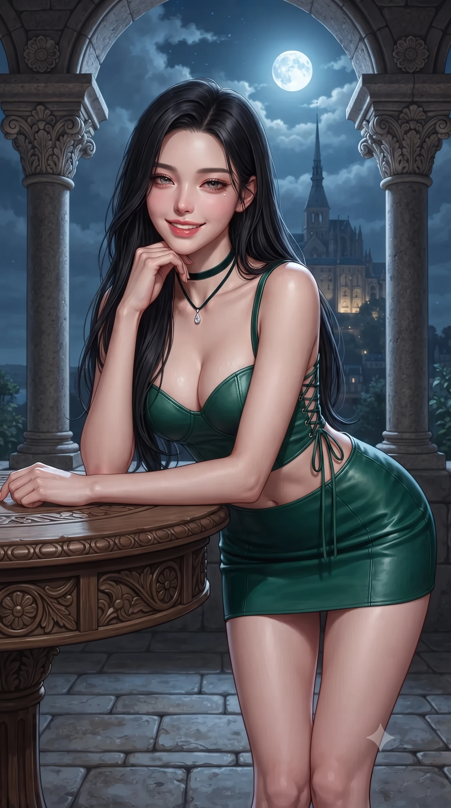 score_9, masterpiece, best quality, ultra-detailed, high-budget anime keyframe, editorial fashion photography, tasteful artistic composition, Korean woman. close-up cowboy shot from the waist and thighs up, the character dominates the composition, filling the frame with her large presence. resting one elbow on the table and supporting her chin, leaning close to the camera with heavy-lidded sparkling eyes and parted lips while standing centered in the secluded open-air medieval cloister garden suspended 80 meters above the bay, arching her lower back with sovereign diva charisma as the abbey spire pierces the moonlit clouds. The surrounding environment is rendered in vivid detail and crisp panoramic clarity: sharp hand-carved Norman granite column capitals, delicate stone spandrel rosettes, and ancient stone paver joints in deep focus. She has an exceptionally elegant, slender, and willowy female figure with an ultra-slim waist, flat toned midriff, narrow ribcage, and sculpted feminine hips creating an alluring, slim hourglass silhouette without bulk. sharp v-shaped jawline, high-bridge nose, intricate jewel-like sparkling eyes with depth, thick eyelashes, glossy parted lips with a natural peach sheen, bright cheerful beaming smile with an enchanting and coquettish sensual glint, exuding both youthful cute charm and seductive allure, flawlessly proportioned anatomical accuracy, strict slender model proportions, natural body alignment, perfectly sculpted long slender limbs, ultra-slim waistline, clean dynamic posture without body distortion. wearing a sculpted satin underwire crop bustier with lace-up side ties paired with a micro skirt in Mayan cenote emerald jade and subterranean limestone cream, woven from buttery-soft stretch lambskin leather adhering to her body like a second skin, finished with a thin velvet ribbon choker and a single teardrop diamond pendant, the second-skin tailored fabric adhering flawlessly to her sculpted flat midriff and slender torso, emphasizing her long leg lines and perfectly proportioned willowy build. illuminated by granite floor specular bounce and sharp platinum-silver rim lights defining her dewy collarbones, ultra-slim waist, and curvy hips. ultra-reflective glossy finish, specular highlights, rich textural contrasts, high-contrast stereoscopic depth, volumetric dynamic lighting, 2k, ultra detail, master piece, 9:16 ratio