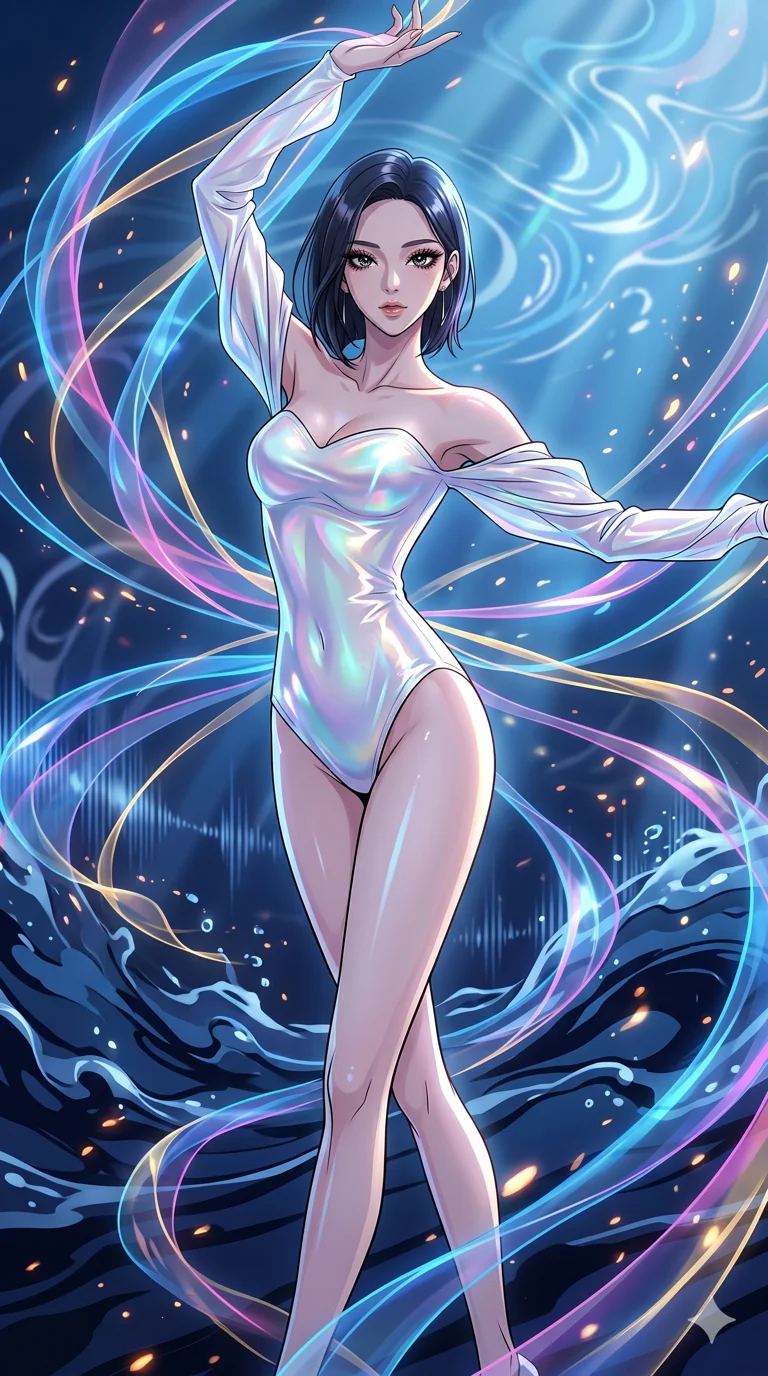 score_9, masterpiece, best quality, ultra-detailed, High-budget Anime Keyframe, vibrant colors, fluid line-art, expressive lighting, cinematic composition, Ufotable-style visual effects, top-tier animation quality, Korean woman with idol-like refined features. Medium shot from the thighs up, her commanding presence occupying two-thirds of the frame. Dancing amidst a storm of glowing ribbons that trail behind her every movement. She has an absolutely perfect 8-heads proportion, an exceptionally tall and slender female figure with impossibly long slender legs and an ultra-slim waist, her statuesque height and towering silhouette dominating the vertical 9:16 frame. Her face is a masterpiece featuring a sharp v-shaped jawline, high-bridge nose, intricate jewel-like eyes with depth, thick eyelashes, and glossy lips with a natural sheen. She is wearing a Liquid pearl fabric bodysuit that shimmers with an iridescent sheen, with elegant off-shoulder sleeves. The scene is set in an abstract digital ocean where the water is made of flowing ink and sound waves. 2k, ultra detail, master piece, 9:16 ratio