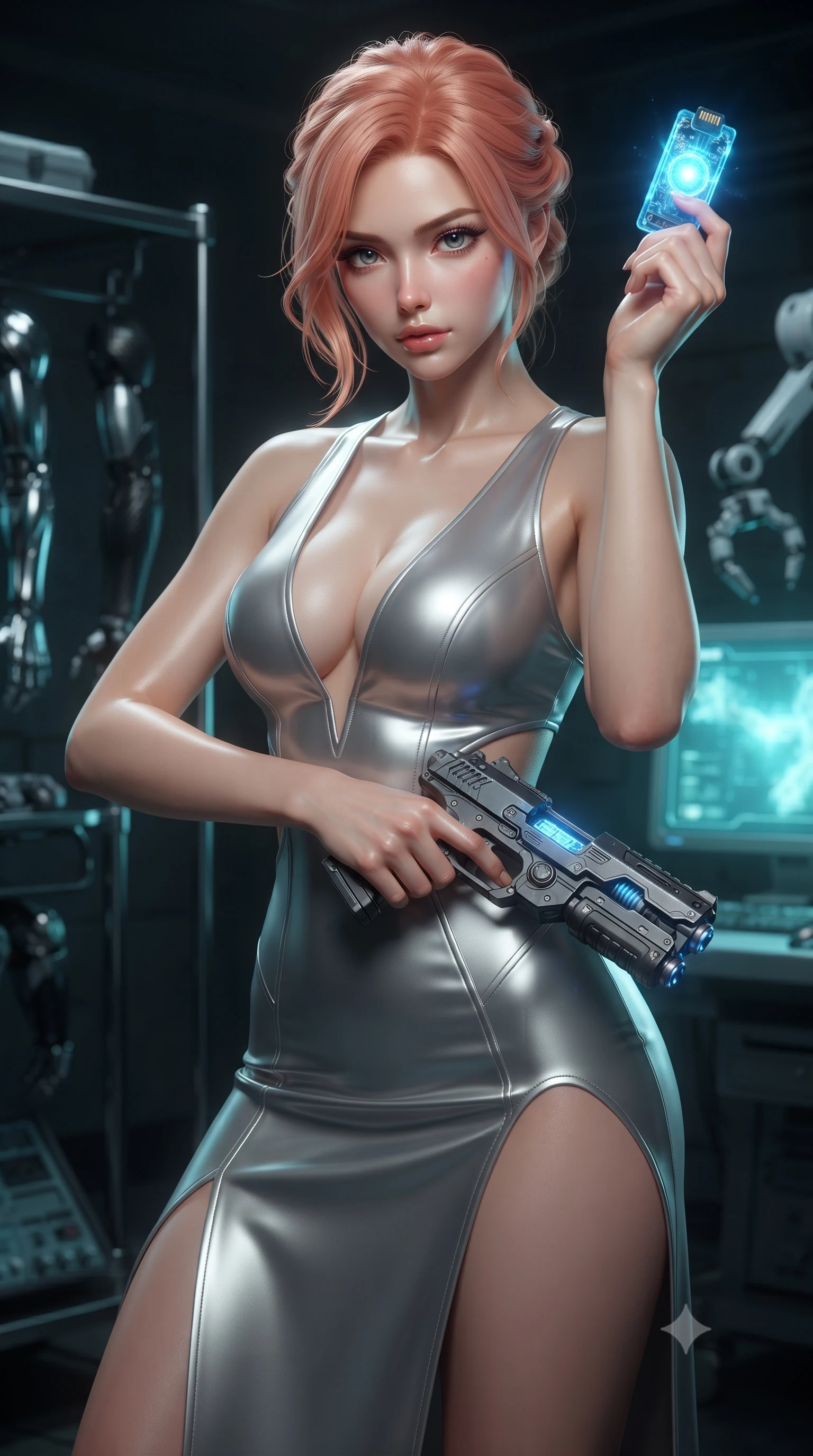 score_9, masterpiece, best quality, ultra-detailed, high-budget anime keyframe, editorial fashion photography, tasteful artistic composition, realistic cosplay photography, Japanese woman. close-up cowboy shot from the waist and thighs up, the character dominates the composition, filling the frame with her large presence, background elements kept in soft focus. Holding a glowing data drive aloft while reloading a futuristic plasma pistol, ready for the next wave. set against a soft-focus background of a hidden operating room with robotic surgery tools, cyber-limbs on steel racks, and a glowing diagnostic screen. She has an exceptionally elegant and slender, willowy female figure with an ultra-slim waist, a gracefully sculpted slender torso, and a refined slim physique. sharp v-shaped jawline, high-bridge nose, intricate jewel-like eyes with depth, thick eyelashes, glossy lips with a natural sheen. wearing tailored for maximum mobility, sleek form-contouring panels that allow fluid movement, a body-hugging deep-V plunging bodycon dress in liquid platinum, featuring waist-cutouts and a daring thigh-high side slit. soft aqua bioluminescent light making her skin luminously glow against darkness. ultra-reflective glossy finish, specular highlights, metallic sheen, high-contrast stereoscopic depth, volumetric dynamic lighting, 2k, ultra detail, master piece, 9:16 ratio