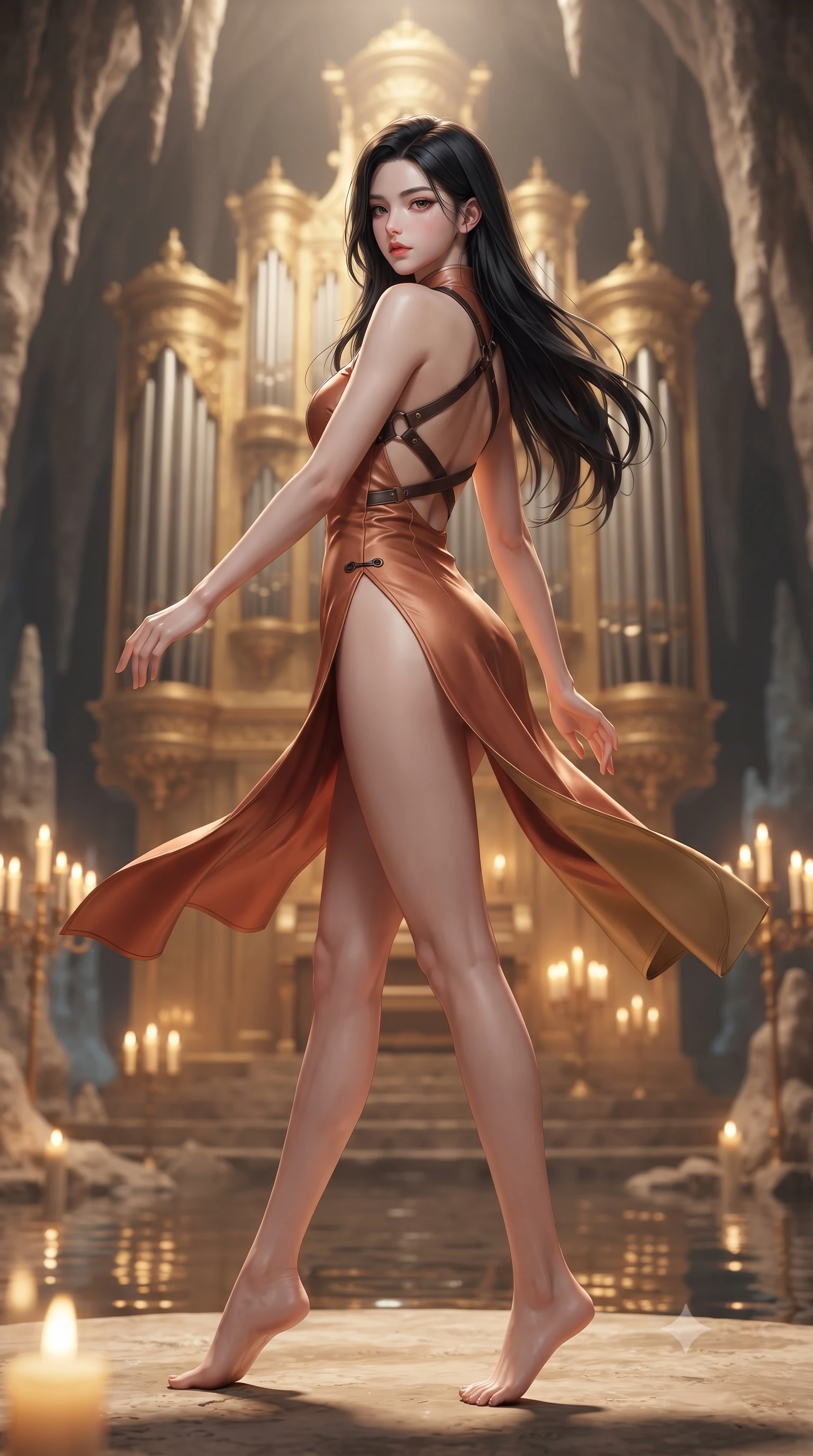 score_9, masterpiece, best quality, ultra-detailed, high-budget anime keyframe, editorial fashion photography, tasteful artistic composition, Korean woman. low angle full-body shot from head to toe showing her feet, filling the entire 9:16 vertical frame with her statuesque presence, stretching her vertical silhouette. executing an elegant mid-motion pivot turn as garments swirl around her slender limbs, glancing over her shoulder with an intoxicating bedroom-gaze while standing poised before a colossal gold-leaf pipe organ, twisting her slender torso in an alluring S-curve with smoldering gothic bedroom-eyes. The composition keeps background elements in soft focus with creamy bokeh. towering limestone stalactite arches and gothic pipe organ silhouettes softened in atmospheric shallow focus. She has an exceptionally tall and slender model-like 8.5-heads proportion, an ultra-slim waist, a flat toned midriff, narrow delicate ribcage, and beautifully sculpted feminine hips creating a graceful, slim hourglass silhouette without any bulky heaviness, with impossibly long slender legs. sharp v-shaped jawline, high-bridge nose, intricate jewel-like eyes with depth, thick eyelashes, glossy parted lips with a natural sheen, intensely captivating and seductive bedroom-eyes expression, flawlessly proportioned anatomical accuracy, strict slender model proportions, natural body alignment, perfectly sculpted long slender limbs, ultra-slim waistline, clean dynamic posture without body distortion. wearing a modernized cyber-qipao mini dress with an ultra-high side slit ascending to the hip and glowing piping in desert terracotta copper and sun-baked sand gold, formed from supple second-skin lambskin leather with specular sheen, featuring an open-back criss-cross harness strap in dark leather, the second-skin form-contouring cut accentuating her sculpted flat midriff, narrow delicate ribcage, and gracefully curvy hips with supermodel precision. bathed in warm golden candelabra flicker from all sides and soft subterranean lake water reflections. ultra-reflective glossy finish, specular highlights, rich textural contrasts, high-contrast stereoscopic depth, volumetric dynamic lighting, 2k, ultra detail, master piece, 9:16 ratio