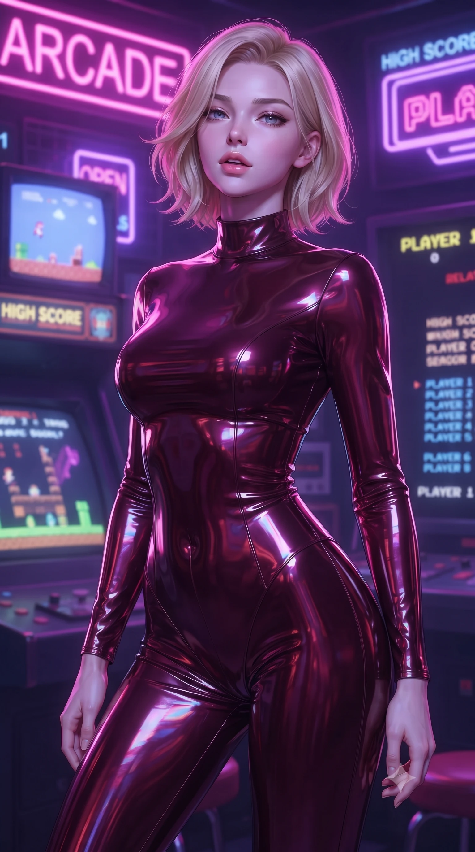 score_9, masterpiece, best quality, ultra-detailed, high-budget anime keyframe, editorial fashion photography, tasteful artistic composition, Caucasian woman woman. close-up cowboy shot from the waist and thighs up, the character dominates the composition, filling the frame with her large presence, background elements kept in soft focus. She has an exceptionally elegant, slender, and willowy female figure with an ultra-slim waist, a gracefully sculpted slender torso, and a refined silhouette. tilting her chin up slightly with lips parted in a composed and alluring expression, flawlessly proportioned anatomical accuracy, natural body alignment, perfectly sculpted elegant limbs, clean dynamic posture without body distortion. set against a soft-focus background of a retro cyber arcade filled with glowing CRT screens and neon signs. wearing a form-fitting dark burgundy vinyl bodycon outfit with a high collar line. bathed in strobing violet and electric pink neon lights refracting on her outfit. ultra-reflective glossy finish, specular highlights, metallic sheen, high-contrast stereoscopic depth, volumetric dynamic lighting, 2k, ultra detail, master piece, 9:16 ratio