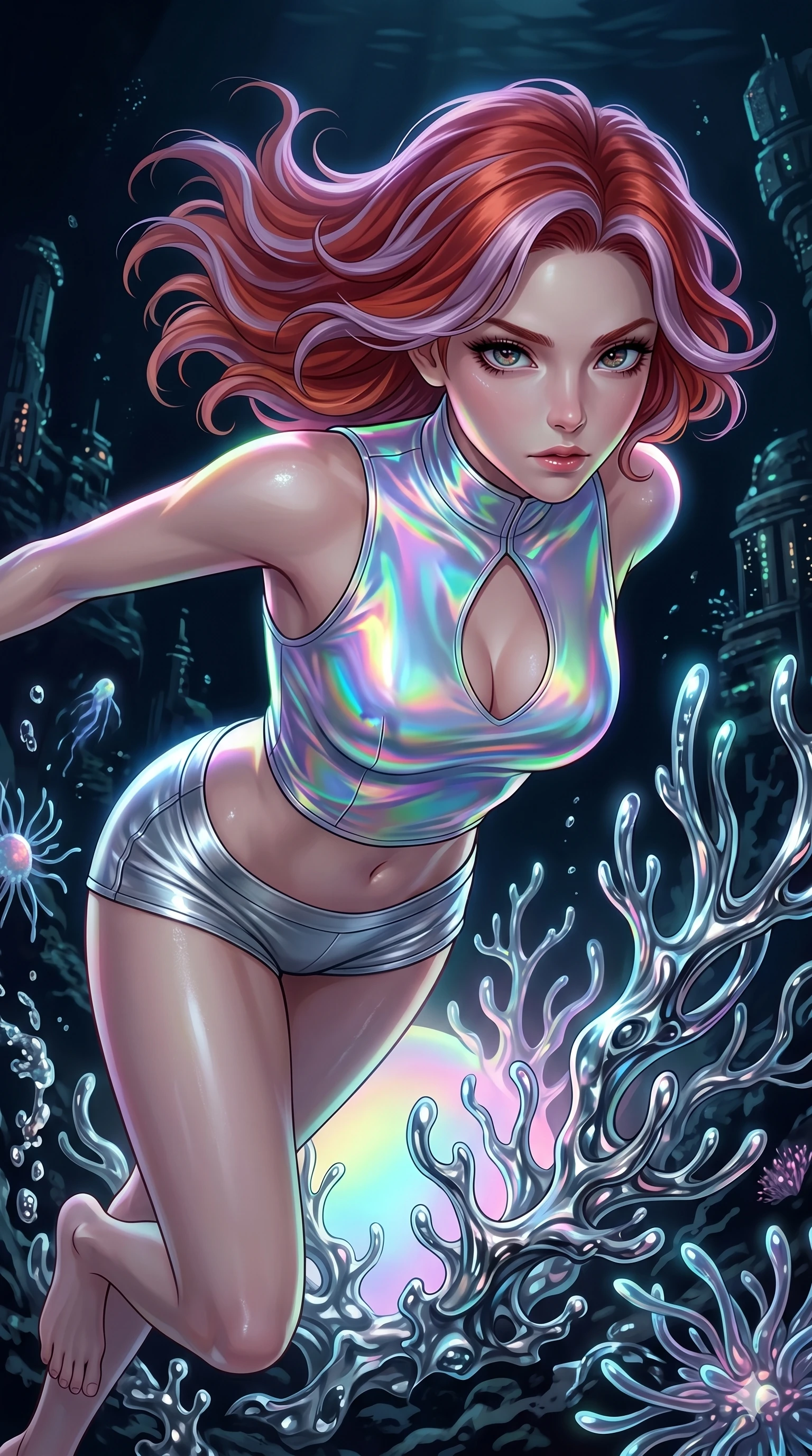score_9, masterpiece, best quality, ultra-detailed, high-budget anime keyframe, Caucasian woman, strictly human ears. upper body close-up from the thighs up, character filling the screen for maximum presence. diving through a bionic fluid mercury reef where self-replicating liquid chrome corals pulse under dark ocean water. She has an absolutely perfect 8-heads proportion, an exceptionally tall and slender female figure with impossibly long slender legs and an ultra-slim waist. V-shaped jawline, high-bridge nose, intricate jewel-like eyes with depth, thick eyelashes, glossy lips with a natural sheen.. wearing a holographic liquid silk vest and silver metallic micro-shorts, featuring a keyhole cutout and form-fitting silhouette. enhanced by a luminous pastel spectrum glow, casting elegant rim lights on her shoulders and jawline. 2k, ultra detail, master piece, 9:16 ratio