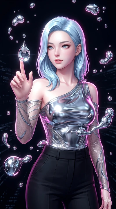 score_9, masterpiece, best quality, ultra-detailed, high-budget anime keyframe, semi-realistic 3D game render, Korean woman. Upper body close-up from the thighs up, character filling the screen for maximum presence. Inside a digital void, surrounded 
