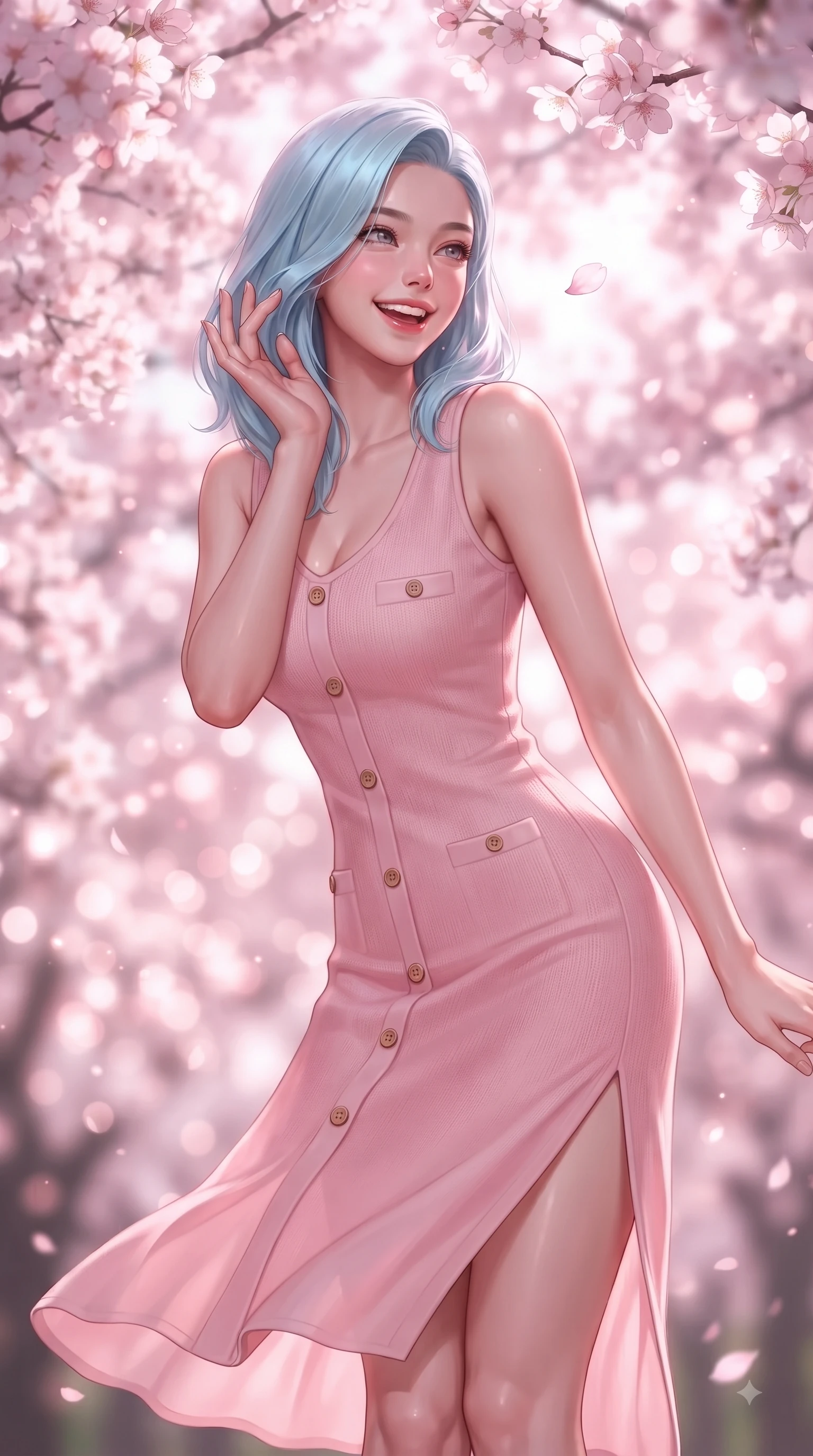 score_9, masterpiece, best quality, ultra-detailed, high-budget anime keyframe, editorial fashion photography, tasteful artistic composition, Korean woman. close-up cowboy shot from the waist and thighs up, the character dominates the composition, filling the frame with her large presence. Radiant youthful grin reflecting girlhood charm while casting a playful, joyful side-gaze with heavy lashes while reaching her hand up playfully to catch a floating blossom petal with a joyful expression. The composition keeps background elements in soft focus with dreamy bokeh. dense cherry blossom canopies blurring into a dreamy, glowing pink and white bokeh backdrop. She has an exceptionally elegant, slender, and willowy female figure with an ultra-slim waist, a gracefully sculpted slender torso, and a refined silhouette. sharp v-shaped jawline, high-bridge nose, intricate jewel-like eyes with depth, thick eyelashes, glossy lips with a natural sheen, flawlessly proportioned anatomical accuracy, natural body alignment, perfectly sculpted elegant limbs, clean dynamic posture without body distortion. wearing a form-flattering pastel pink sleeveless knit midi dress with a tasteful side slit in cherry blossom pink and soft beige, made of fine lightweight chiffon that flutters gently in the breeze, finished with neat front wooden buttons and pocket details, the breezy lightweight fabric fluttering softly against her delicate frame. illuminated by soft glowing pink ambient light and clear sky refractions. ultra-reflective glossy finish, specular highlights, metallic sheen, high-contrast stereoscopic depth, volumetric dynamic lighting, 2k, ultra detail, master piece, 9:16 ratio