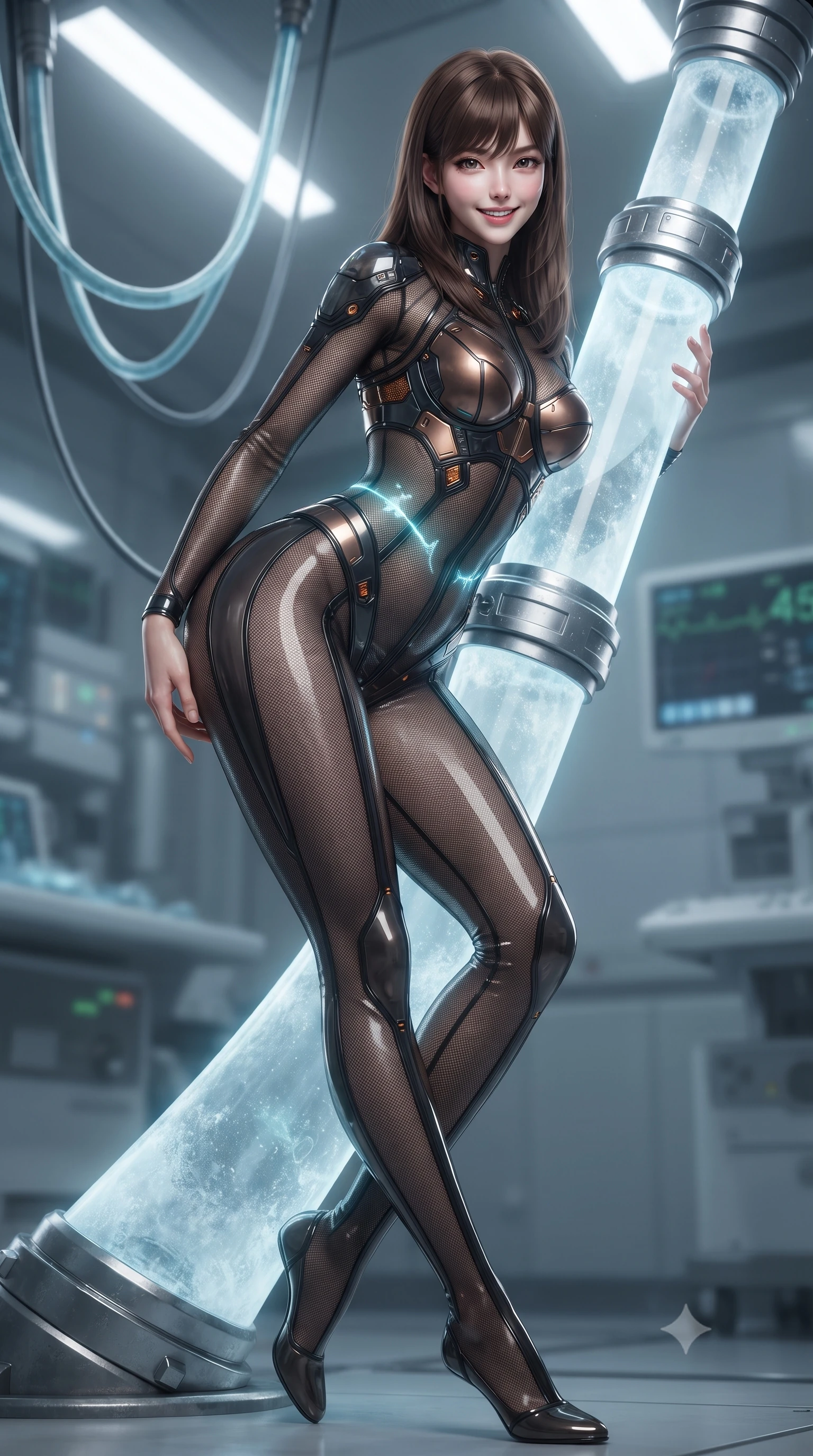 score_9, masterpiece, best quality, ultra-detailed, high-budget anime keyframe, editorial fashion photography, tasteful artistic composition, Korean woman. low angle full-body shot from head to toe showing her feet, filling the entire 9:16 vertical frame with her statuesque presence, stretching her vertical silhouette. leaning deep against the glowing energy conduit with hips cocked back in an unapologetically alluring high-fashion stance, flashing a warm beaming smile while twisting her slender torso in an alluring S-curve, sub-zero cyan luminescence dancing across her flat midriff and rounded feminine hips. The background shows a soft-focus overhead cryogenic coolant lines and digital vital signs monitors softened in eerie sci-fi medical shallow focus. She has an absolutely perfect, statuesque 8.5-heads proportion, an exceptionally tall and slender model-like female figure with impossibly long slender legs, an ultra-slim waist, a flat toned midriff, narrow delicate ribcage, and beautifully sculpted feminine hips creating a graceful, slim hourglass silhouette without any bulky heaviness. sharp v-shaped jawline, high-bridge nose, intricate jewel-like sparkling eyes with depth, thick eyelashes, glossy parted lips with a natural sheen, bright confident smile with an enchanting and coquettish sensual glint, exuding both youthful magnetic charm and sovereign high-tech allure, flawlessly proportioned anatomical accuracy, strict slender model proportions, natural body alignment, perfectly sculpted long slender limbs, ultra-slim waistline, clean dynamic posture without body distortion. wearing a semi-translucent smoke-black mesh tactical catsuit with reinforced carbon-fiber bustier plating in burnished bronze alloy and smoked glass black, crafted from sheer technical cyber-lace reinforced with ultra-thin Kevlar threads, accented with subtle hexagonal heat-sink vents glowing with dim orange thermal heat, the form-contouring cut accentuating her sculpted flat midriff, narrow delicate ribcage, and gracefully curvy hips with cybernetic supermodel precision. illuminated by overhead cold-white strip lights and sharp crystalline silver rim lights carving her slim waist, hips, and jawline. ultra-reflective glossy finish, specular highlights, rich textural contrasts, high-contrast stereoscopic depth, volumetric dynamic lighting, 2k, ultra detail, master piece, 9:16 ratio