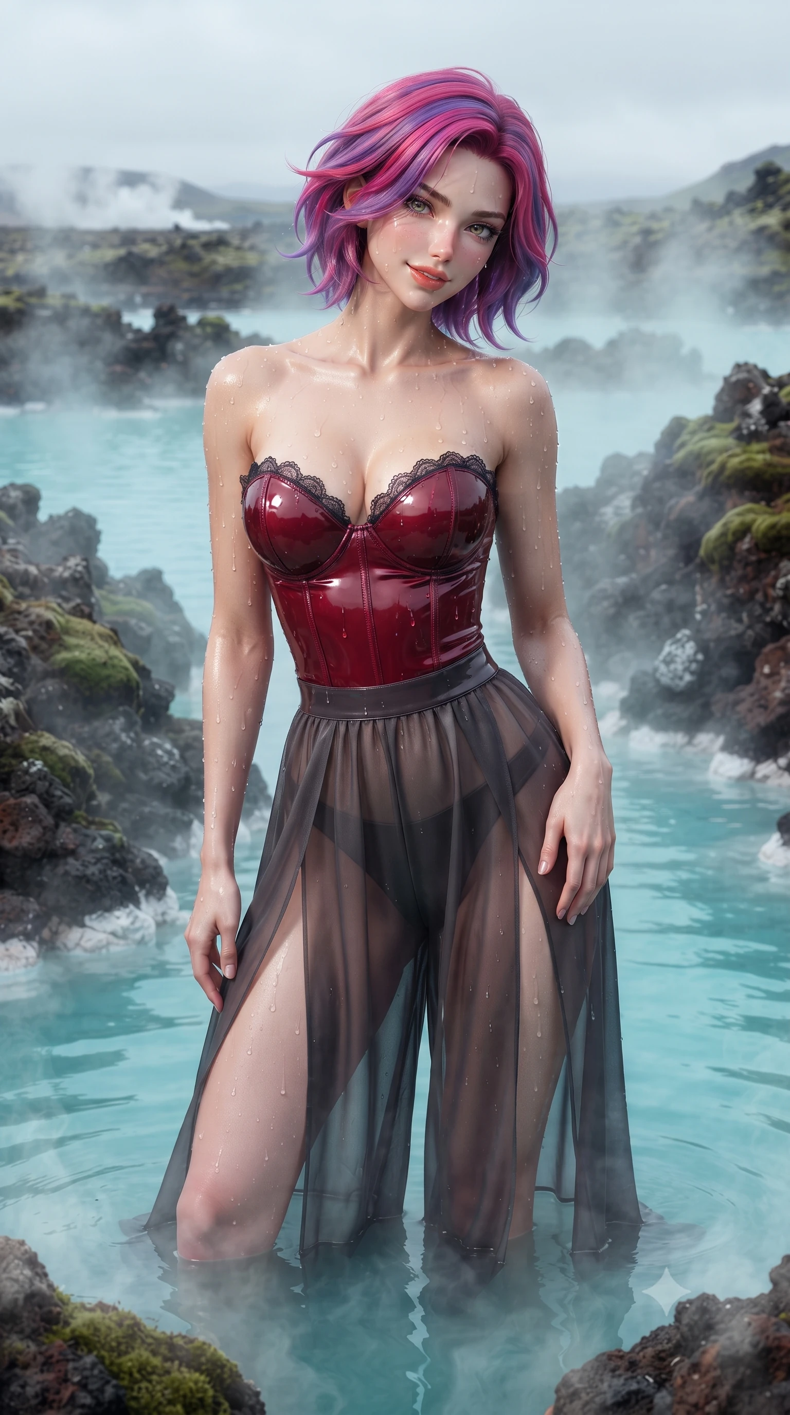 score_9, masterpiece, best quality, ultra-detailed, high-budget anime keyframe, editorial fashion photography, tasteful artistic composition, Caucasian woman. close-up cowboy shot from the waist and thighs up, the character dominates the composition, filling the frame with her large presence. tilting her head with a teasing half-smile, running one hand slowly down the side of her hip in a flirtatious S-curve as ambient light caresses her silhouette while standing in the steaming turquoise geothermal water with hips cocked back, looking over a bare shoulder through curls of mineral steam. The surrounding environment is rendered in vivid detail and crisp panoramic clarity: detailed semi-sheer mesh monokini weave, dewy moisture beads on skin, and raw Icelandic nature in high resolution. She has an exceptionally elegant, slender, and willowy female figure with an ultra-slim waist, flat toned midriff, narrow ribcage, and sculpted feminine hips creating an alluring, slim hourglass silhouette without bulk. sharp v-shaped jawline, high-bridge nose, sparkling eyes with hypnotic seductive depth, thick curled eyelashes, glossy parted lips with a natural dewy peach sheen, alluring bedroom-eyes with an enchanting coquettish smile, exuding magnetic siren charisma and sophisticated glamour, flawlessly proportioned anatomical accuracy, strict slender model proportions, natural body alignment, perfectly sculpted long slender limbs, ultra-slim waistline, clean dynamic posture without body distortion. wearing a wet-look form-fitting vinyl bustier paired with sheer chiffon high-slit wide-leg trousers in rich cherry lacquer and smoky charcoal, crafted from fluid liquid silk satin that clings smoothly to every curve with a dewy sheen, finished with scalloped eyelash lace trim framing her sweetheart neckline with intimate elegance, the glove-like clinging cut tightly following the natural contour of her hips and long slender legs with youthful 8.5-heads elegance. illuminated by steam particle light scatter and sharp icy-platinum rim lights defining her razor-sharp jawline, narrow waist, and curvy hips. ultra-reflective glossy finish, specular highlights, rich textural contrasts, high-contrast stereoscopic depth, volumetric dynamic lighting, 2k, ultra detail, master piece, 9:16 ratio