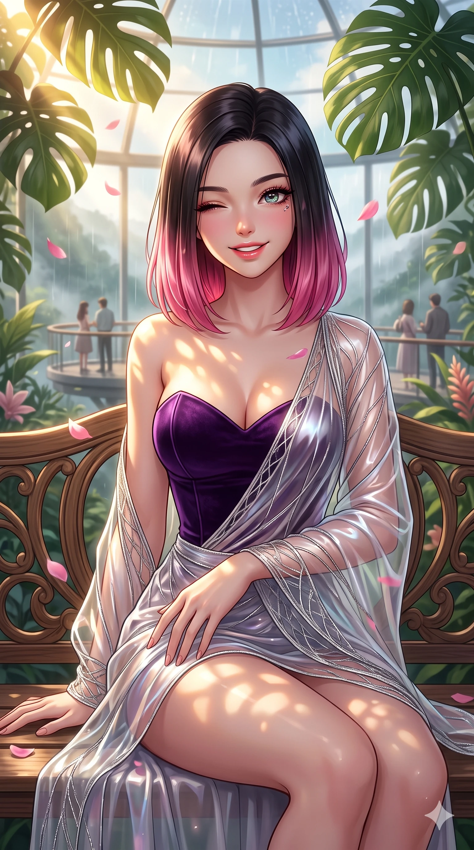 score_9, masterpiece, best quality, ultra-detailed, high-budget anime keyframe, vibrant anime aesthetic, Korean woman. close-up cowboy shot from the waist and thighs up, the character dominates the composition, filling the frame with her large presence, background elements kept in soft focus. She is sitting on a vintage bench, winking with a playful and bright expression, her eyes shining with genuine joy surrounded by delicate flower petals. the background shows a soft-focus floating observation deck of a nature center conservatory, overlooking a misty rainy valley (Code-P22-200). She has an absolutely perfect proportion, an exceptionally elegant and slender female figure with an ultra-slim waist. V-shaped jawline, high-bridge nose, intricate jewel-like eyes with depth, thick eyelashes, glossy lips with a natural sheen. wearing a structured velvet bodice with a sweetheart neckline combined with a delicate wrap in silver metallic and translucent gloss. She is drenched in warm, golden afternoon sunbeams filtering through dense green monstera leaves, creating a cinematic, high-budget anime lighting effect under the glass dome roof. 2k, ultra detail, master piece, 9:16 ratio