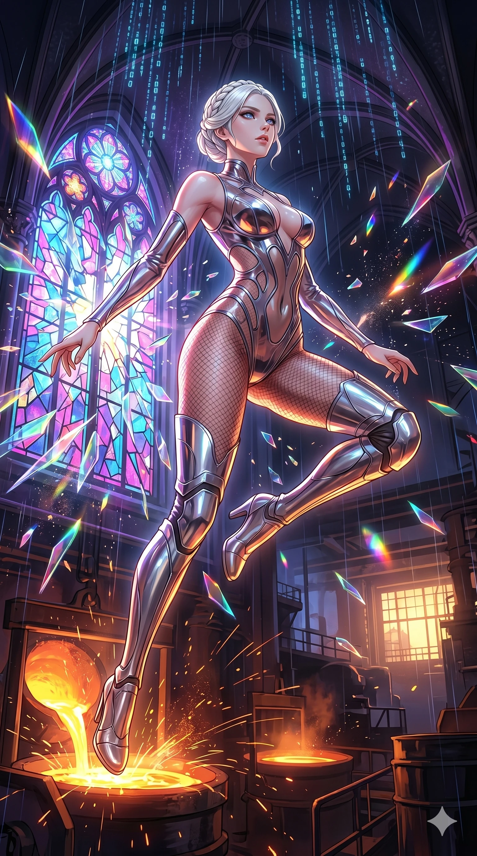 score_9, masterpiece, best quality, ultra-detailed, High-budget Anime Keyframe, vibrant colors, fluid line-art, expressive lighting, cinematic composition, Ufotable-style visual effects, top-tier animation quality, Caucasian woman with pale skin, blonde hair, and (strictly human ears). Low angle cowboy shot filling the entire 9:16 frame with her statuesque presence, looking up to emphasize her height. Leaping through the shattered stained glass of a neon-lit futuristic cathedral, her body caught in mid-air as prismatic light fragments explode around her and digital rain falls from the vaulted ceiling. She has an absolutely perfect 8-heads proportion, an exceptionally tall and slender female figure with impossibly long slender legs and an ultra-slim waist, her statuesque height and towering silhouette dominating the vertical 9:16 frame. Her face is a masterpiece featuring a sharp v-shaped jawline, high-bridge nose, intricate jewel-like eyes with depth, thick eyelashes, and glossy lips with a natural sheen. She is wearing a Molten metal-look bodysuit with daring cut-outs and a high-cut silhouette crafted from Transparent PVC with a high-gloss finish that reveals the intricate layers beneath, accompanied by sensual fishnet stockings and thigh-high metallic boots. The scene is set in a gritty industrial factory with glowing molten metal, flying sparks, and deep shadows, illuminated by golden hour sunlight that gives her skin a warm, radiant glow. 2k, ultra detail, master piece, 9:16 ratio