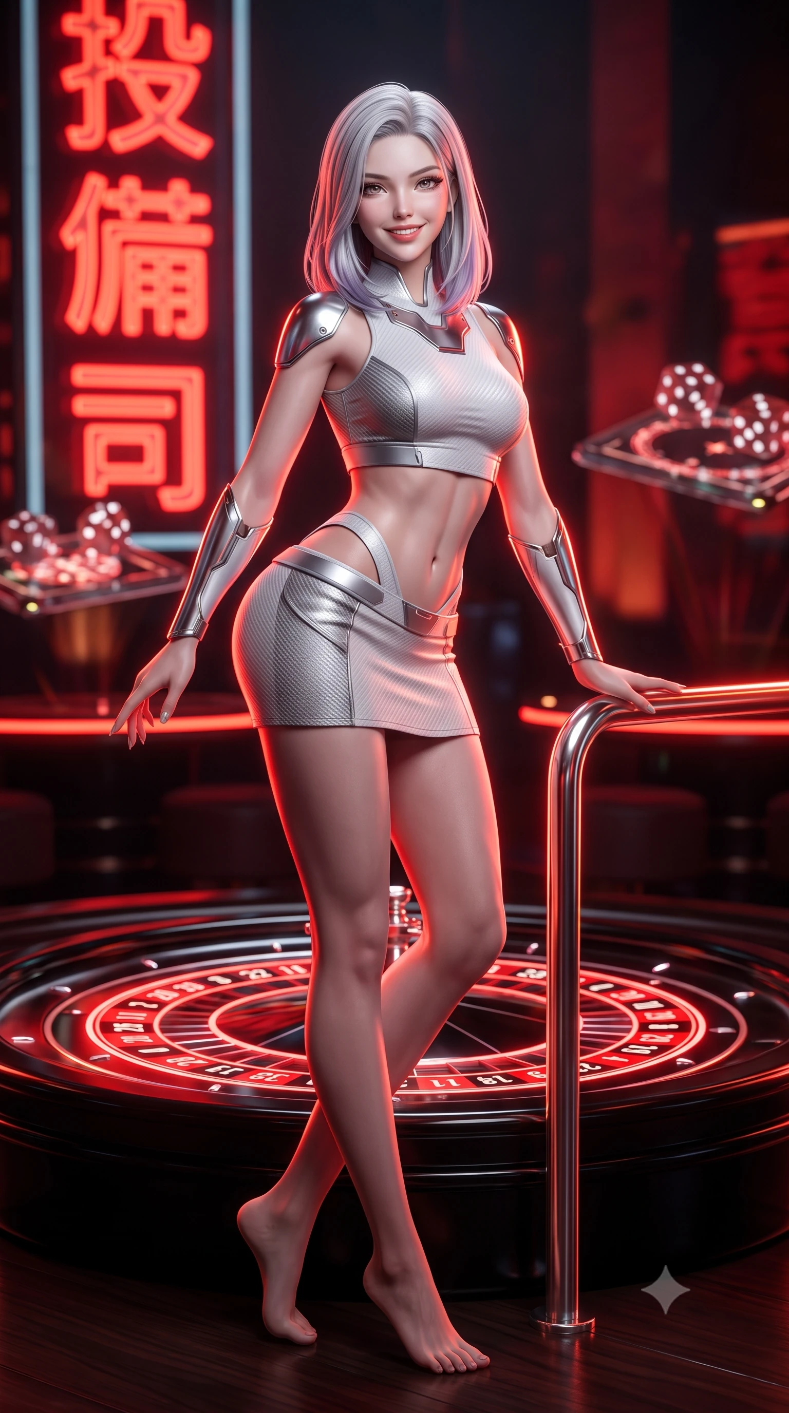 score_9, masterpiece, best quality, ultra-detailed, high-budget anime keyframe, semi-realistic 3D game render, editorial fashion photography, tasteful artistic composition, Caucasian woman. low angle full-body shot from head to toe showing her feet, filling the entire 9:16 vertical frame with her statuesque presence, stretching her vertical silhouette. standing in a tall, confident posture with one hand on a glowing metal railing, stretching her statuesque body as she arches her lower back to emphasize her sculpted feminine hips and slender waist while leaning over the glossy black hologram roulette table with hips cocked back, arching her spine with dangerous seductive glamour. The background shows a soft-focus massive vertical red neon kanji signs and floating holographic dice tables blurred into deep scarlet, vermilion, and obsidian bokeh. She has an absolutely perfect, statuesque 8.5-heads proportion, an exceptionally tall and slender model-like female figure with impossibly long slender legs, an ultra-slim waist, a flat toned midriff, narrow delicate ribcage, and beautifully sculpted feminine hips creating a graceful, slim hourglass silhouette without any bulky heaviness. sharp v-shaped jawline, high-bridge nose, intricate jewel-like sparkling eyes with depth, thick eyelashes, glossy parted lips with a natural sheen, bright confident smile with an enchanting and coquettish sensual glint, exuding both youthful magnetic charm and sovereign high-tech allure, flawlessly proportioned anatomical accuracy, strict slender model proportions, natural body alignment, perfectly sculpted long slender limbs, ultra-slim waistline, clean dynamic posture without body distortion. wearing a body-hugging modern carbon-alloy crop top paired with a low-rise tactical skirt and a subtle waist cut-out in pure alabaster white and brushed silver accents, crafted from lightweight aerodynamic matte carbon-fiber weave with structural stiffness, accented with strategically placed chrome armor plate guards covering key curves, the form-fitting tactical tailoring adhering flawlessly to her sculpted flat midriff and slender torso, emphasizing her long leg lines and perfectly proportioned willowy build. illuminated by glowing table surfaces and sharp scarlet rim lights carving her sculpted collarbones, ultra-slim waist, and curvy hips. highly saturated vibrant anime colors, detailed shading with soft gradients, rich glossy textures, high-contrast stereoscopic depth, volumetric dynamic lighting, master piece, 9:16 ratio