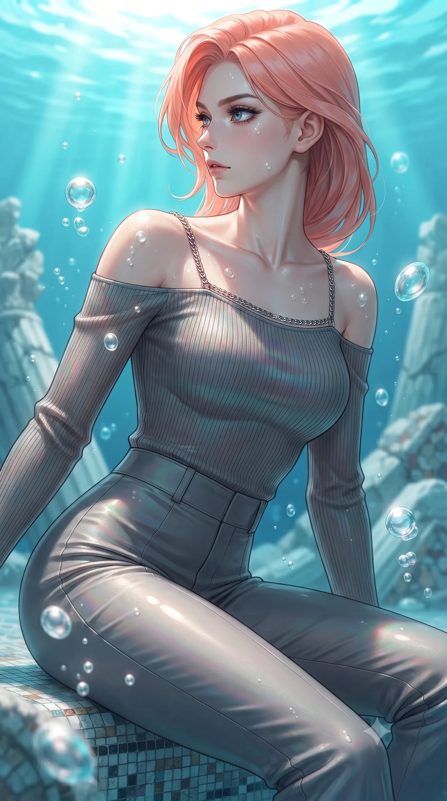 score_9, masterpiece, best quality, ultra-detailed, high-budget anime keyframe, editorial fashion photography, tasteful artistic composition, Japanese woman. close-up cowboy shot from the waist and thighs up, the character dominates the composition, filling the frame with her large presence, background elements kept in soft focus. Turning her face in sharp profile while her upper body leans forward with poised athletic grace while pivoting her torso in a fluid S-curve alignment over a submerged mosaic marble throne, rising bioluminescent bubbles casting soft pearl-like highlights on her skin. She has an exceptionally elegant, slender, and willowy female figure with an ultra-slim waist, a gracefully sculpted slender torso, and a refined silhouette. sharp v-shaped jawline, high-bridge nose, intricate jewel-like eyes with depth, thick eyelashes, glossy lips with a natural sheen, flawlessly proportioned anatomical accuracy, natural body alignment, perfectly sculpted elegant limbs, clean dynamic posture without body distortion. wearing a sleek off-shoulder ribbed knit top paired with high-waist tailored pants in charcoal grey and platinum, crafted from iridescent chiffon that shifts colors in the light, adorned with delicate metallic chain straps along the neckline, the tailored fabric tightly following every curve of her athletic build. bathed in brilliant sun-drenched water rays and luminous turquoise caustic glow. ultra-reflective glossy finish, specular highlights, metallic sheen, high-contrast stereoscopic depth, volumetric dynamic lighting, 2k, ultra detail, master piece, 9:16 ratio