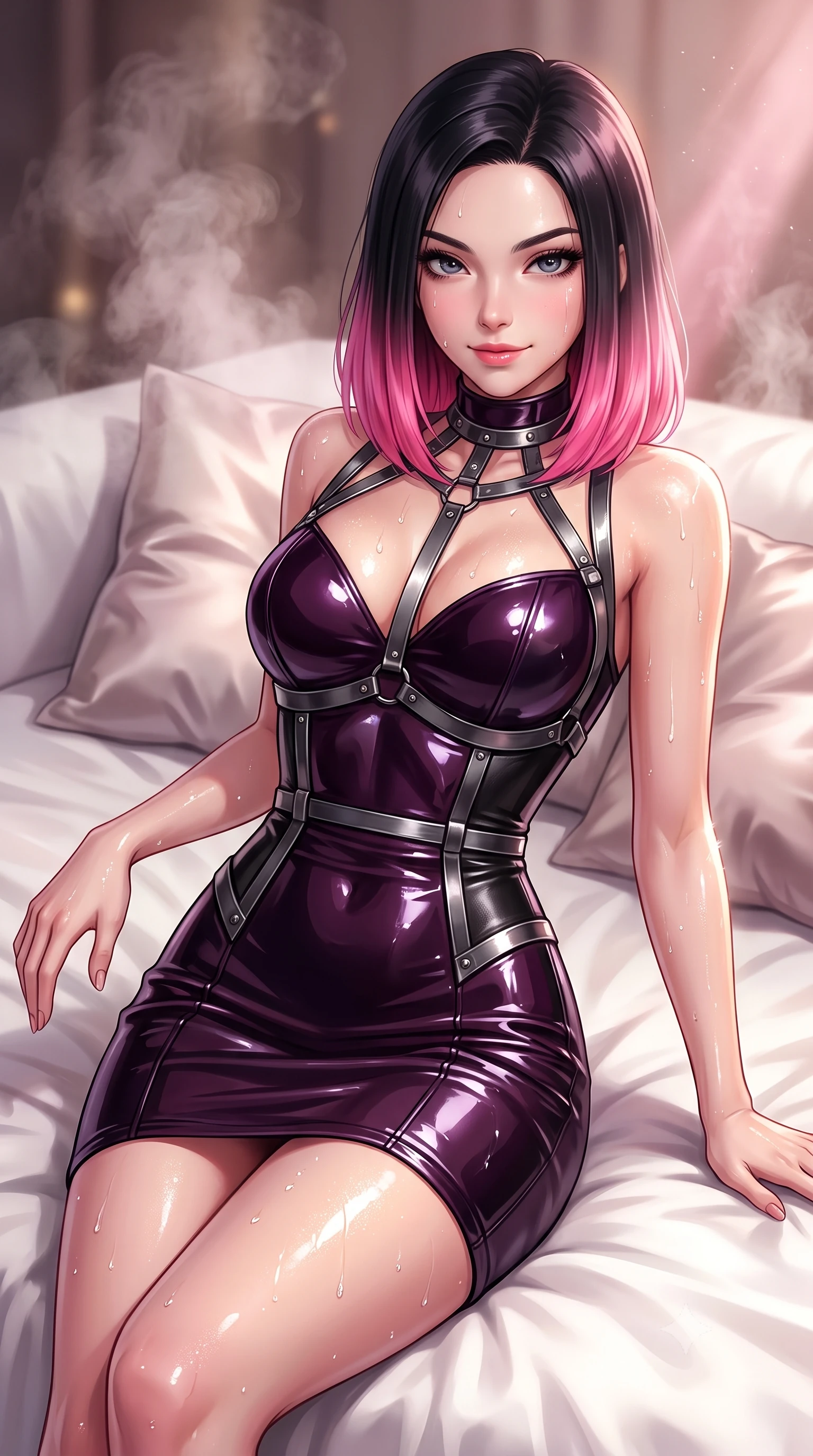 score_9, masterpiece, best quality, ultra-detailed, high-budget anime keyframe, editorial fashion photography, tasteful artistic composition, Korean woman. close-up cowboy shot from the waist and thighs up, the character dominates the composition, filling the frame with her large presence, background elements kept in soft focus. Smiling with quiet, magnetic self-assurance directly into the camera, lounging on a white linen daybed surrounded by floating aromatic steam, dewy moisture on her skin catching sharp specular glints from warm spotlights. She has an exceptionally elegant, slender, and willowy female figure with an ultra-slim waist, a gracefully sculpted slender torso, and a refined silhouette. sharp v-shaped jawline, high-bridge nose, intricate jewel-like eyes with depth, thick eyelashes, glossy lips with a natural sheen. wearing precision-fitted bodycon dress in high-gloss liquid vinyl in dark plum violet, made of polished black leather, highlighted by a gunmetal metallic harness structure, accentuating her gracefully sculpted slender torso. bathed in soft rose-tinted steam rays and bright alabaster highlights. highly saturated vibrant anime colors, detailed shading with soft gradients, rich glossy textures, high-contrast stereoscopic depth, volumetric dynamic lighting, master piece, 9:16 ratio