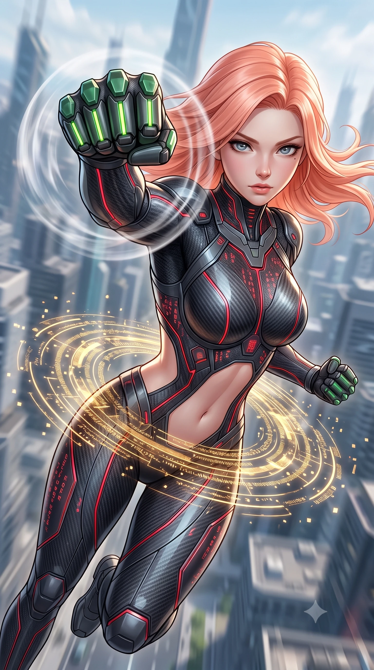 score_9, masterpiece, best quality, ultra-detailed, high-budget anime keyframe, semi-realistic 3D game render, editorial fashion photography, tasteful artistic composition, Japanese woman. close-up cowboy shot from the waist and thighs up, the character dominates the composition, filling the frame with her large presence. thrusting a high-speed kinetic punch toward the camera, a visible conical shockwave distortion wrapping around her sleek carbon forearm while arching her spine in a fluid zero-gravity back-arch as holographic data particles swirl in a golden mandala around her waist. The surrounding environment is rendered in vivid detail and crisp panoramic clarity. intricate carbon suit nano-circuit lines, glowing knuckle LEDs, and matrix code glyphs in high clarity. She has an exceptionally elegant, slender, and willowy female figure with an ultra-slim waist, a gracefully sculpted slender torso, toned flat midriff, and a refined slim silhouette. sharp v-shaped jawline, high-bridge nose, intricate jewel-like eyes with depth, thick eyelashes, glossy lips with a natural sheen, flawlessly proportioned anatomical accuracy, strict slender model proportions, natural body alignment, perfectly sculpted long slender limbs, ultra-slim waistline, clean dynamic posture without body distortion. wearing a second-skin dark gunmetal carbon-weave battle-suit with crimson laser conduits and high-frequency knuckle strike plates in emerald green carbon composite with glowing lime laser channels, crafted from semi-translucent cybernetic carbon-vinyl interwoven with glowing micro-filaments, finished with high-mobility flexible limb seams and miniature magnetic armor locks, the precision-cut daring openings accentuating her delicate midriff, graceful bare collarbones, and ultra-slim feminine waistline. surrounded by an omniscient, divine, and radiantly transcendent martial muse aura. rich saturated anime colors with glowing neon highlights, detailed shading with soft gradients, rich glossy textures, high-contrast stereoscopic depth, volumetric dynamic lighting, master piece, 9:16 ratio