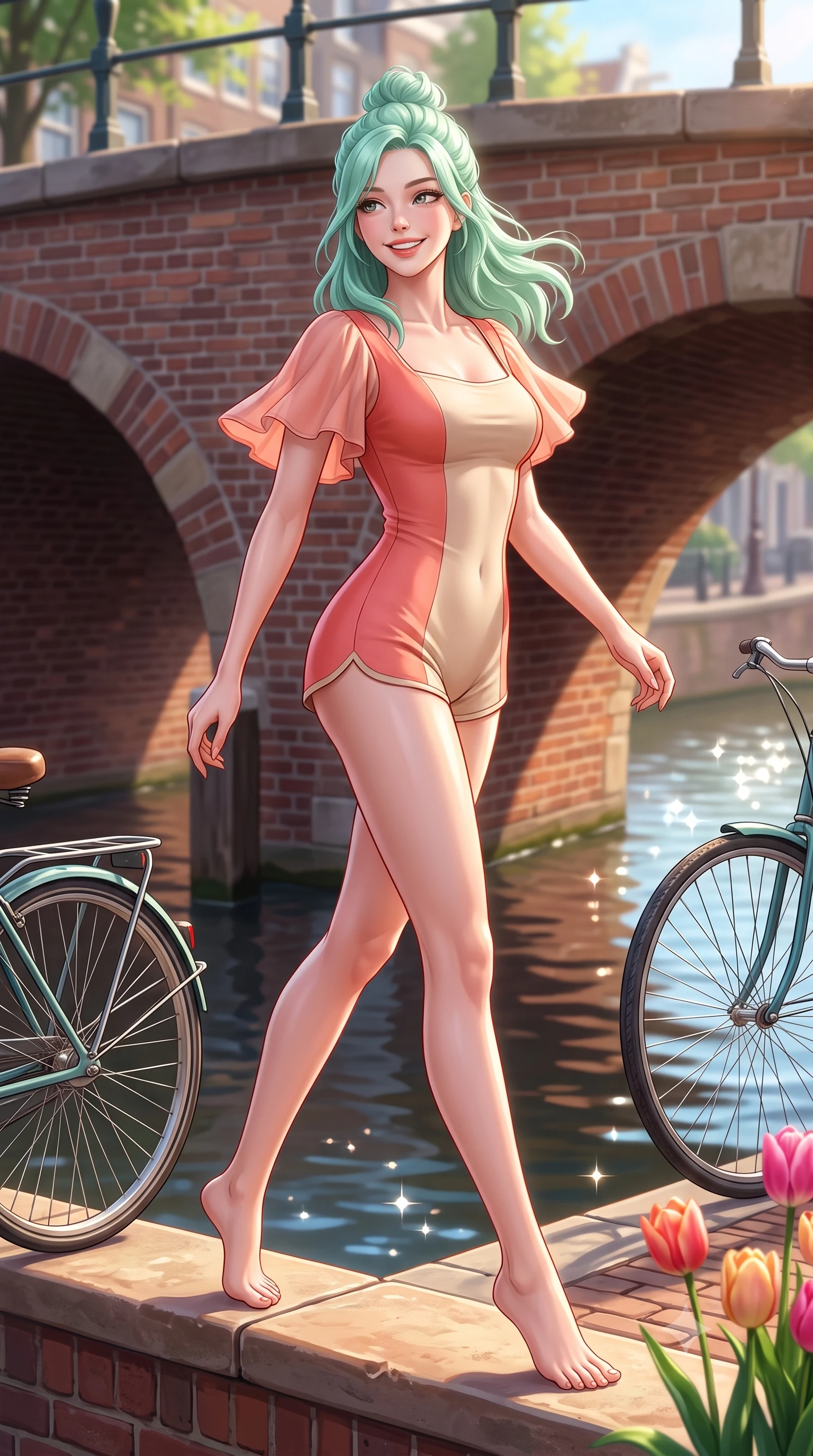 score_9, masterpiece, best quality, ultra-detailed, high-budget anime keyframe, semi-realistic 3D game render, editorial fashion photography, tasteful artistic composition, Japanese woman. low angle full-body shot from head to toe showing her feet, filling the entire 9:16 vertical frame with her statuesque presence, stretching her vertical silhouette. stepping forward gracefully in mid-motion with a radiant beaming smile, hips swaying in an alluring kinetic rhythm that accentuates her curvy hourglass silhouette and long slender legs while sitting on the warm brick bridge ledge with legs crossed, looking over her shoulder with an alluring, playful girlhood charm. The surrounding environment is rendered in vivid detail and crisp panoramic clarity. sharp brick masonry on bridge arches, bicycle spoke reflections, and tulip blossom textures in deep focus. She has an exceptionally tall and slender model-like 8.5-heads proportion, an ultra-slim waist, a flat toned midriff, narrow delicate ribcage, and beautifully sculpted feminine hips creating a graceful, slim hourglass silhouette without any bulky heaviness, with impossibly long slender legs. sharp v-shaped jawline, high-bridge nose, intricate jewel-like sparkling eyes with depth, thick eyelashes, glossy parted lips with a natural peach sheen, bright cheerful beaming smile with an enchanting and coquettish sensual glint, exuding both youthful cute charm and seductive allure, flawlessly proportioned anatomical accuracy, strict slender model proportions, natural body alignment, perfectly sculpted long slender limbs, ultra-slim waistline, clean dynamic posture without body distortion. wearing a second-skin stretch cotton camisole romper with high-cut leg openings and an open back in warm coral pink and soft oatmeal beige, tailored from fine lightweight chiffon that flutters gently in the breeze, featuring elegant flutter sleeves and a graceful square neckline, the form-fitting cut adhering flawlessly to her sculpted flat midriff and slender torso, emphasizing her long leg lines and perfectly proportioned willowy build. bathed in crisp, sparkling morning sunlight reflecting off calm canal waters. highly saturated vibrant anime colors, detailed shading with soft gradients, rich glossy textures, high-contrast stereoscopic depth, volumetric dynamic lighting, master piece, 9:16 ratio