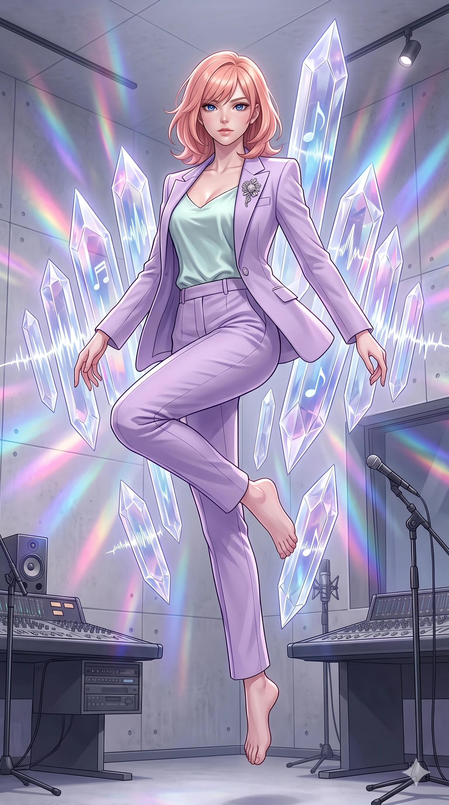 score_9, masterpiece, best quality, ultra-detailed, high-budget anime keyframe, editorial fashion photography, tasteful artistic composition, Japanese woman. low angle full-body shot from head to toe showing her feet, filling the entire 9:16 vertical frame with her statuesque presence, stretching her vertical silhouette. leaping gracefully through a music studio where powerful sound waves have frozen mid-propagation into crystalline structures in the air each transparent crystal formation humming with a different captured musical note. She has a statuesque 8.5-heads proportion, an exceptionally tall, slender and willowy model-like build with impossibly long legs and a highly sculpted ultra-slim waist. sharp v-shaped jawline, high-bridge nose, intricate jewel-like eyes with depth, thick eyelashes, glossy lips with a natural sheen. wearing a tailored pastel lavender pantsuit with sharp shoulders, worn over a soft mint satin camisole and accented with a silver brooch. clear white studio lighting with prismatic refractions through the sound-wave crystals casting musical-frequency-colored spectrums of light across the walls. 2k, ultra detail, master piece, 9:16 ratio