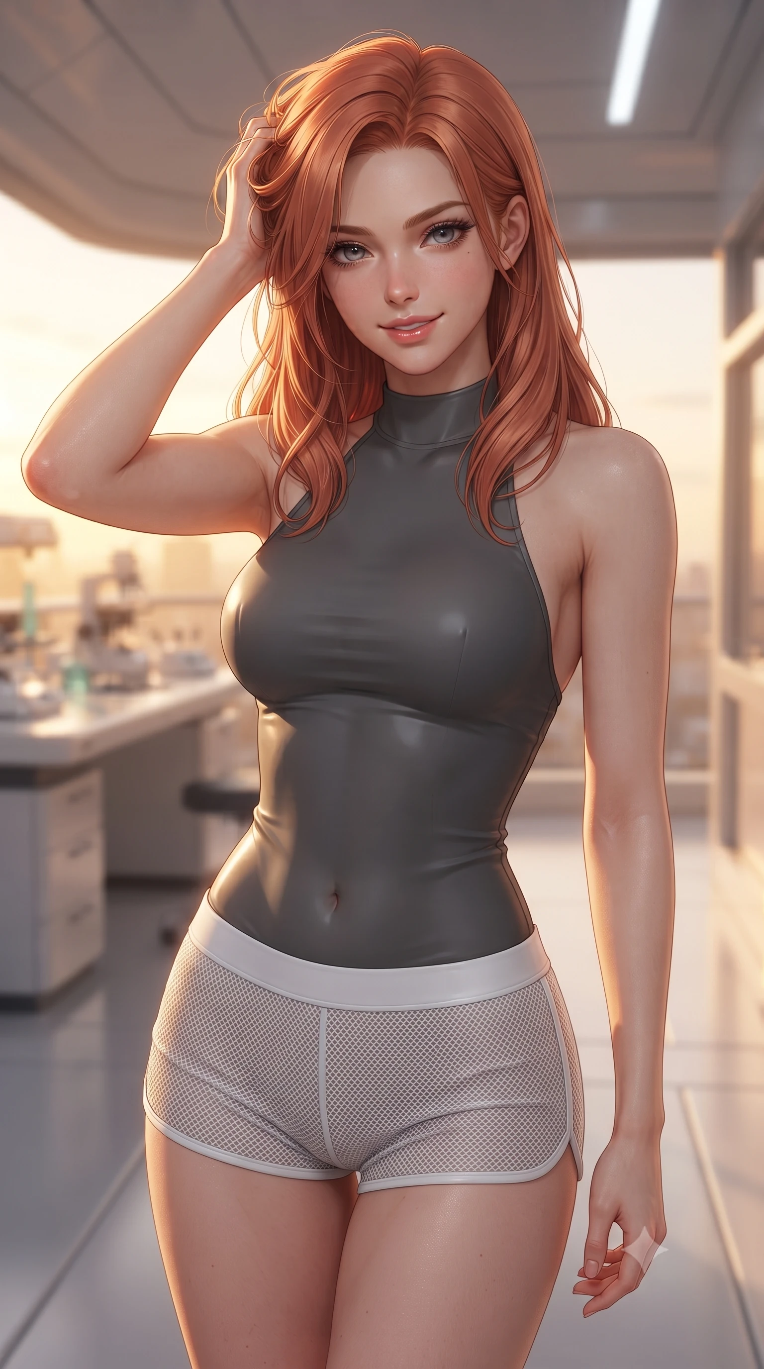 score_9, masterpiece, best quality, ultra-detailed, high-budget anime keyframe, editorial fashion photography, tasteful artistic composition, Japanese woman. close-up cowboy shot from the waist and thighs up, the character dominates the composition, filling the frame with her large presence, background elements kept in soft focus. slowly running a hand through her hair, smiling with quiet, magnetic self-assurance directly into the camera, the background shows a soft-focus a private research balcony in a laboratory facility at sunset. She has an exceptionally elegant, slender, and willowy female figure with an ultra-slim waist, a gracefully sculpted slender torso, and a refined silhouette. sharp v-shaped jawline, high-bridge nose, intricate jewel-like eyes with depth, thick eyelashes, glossy lips with a natural sheen. wearing a form-contouring backless combat halter top in charcoal grey, paired with white carbon-mesh micro-shorts. late afternoon sun casting a majestic golden glow over the clean walls. ultra-reflective glossy finish, specular highlights, metallic sheen, high-contrast stereoscopic depth, volumetric dynamic lighting, 2k, ultra detail, master piece, 9:16 ratio
