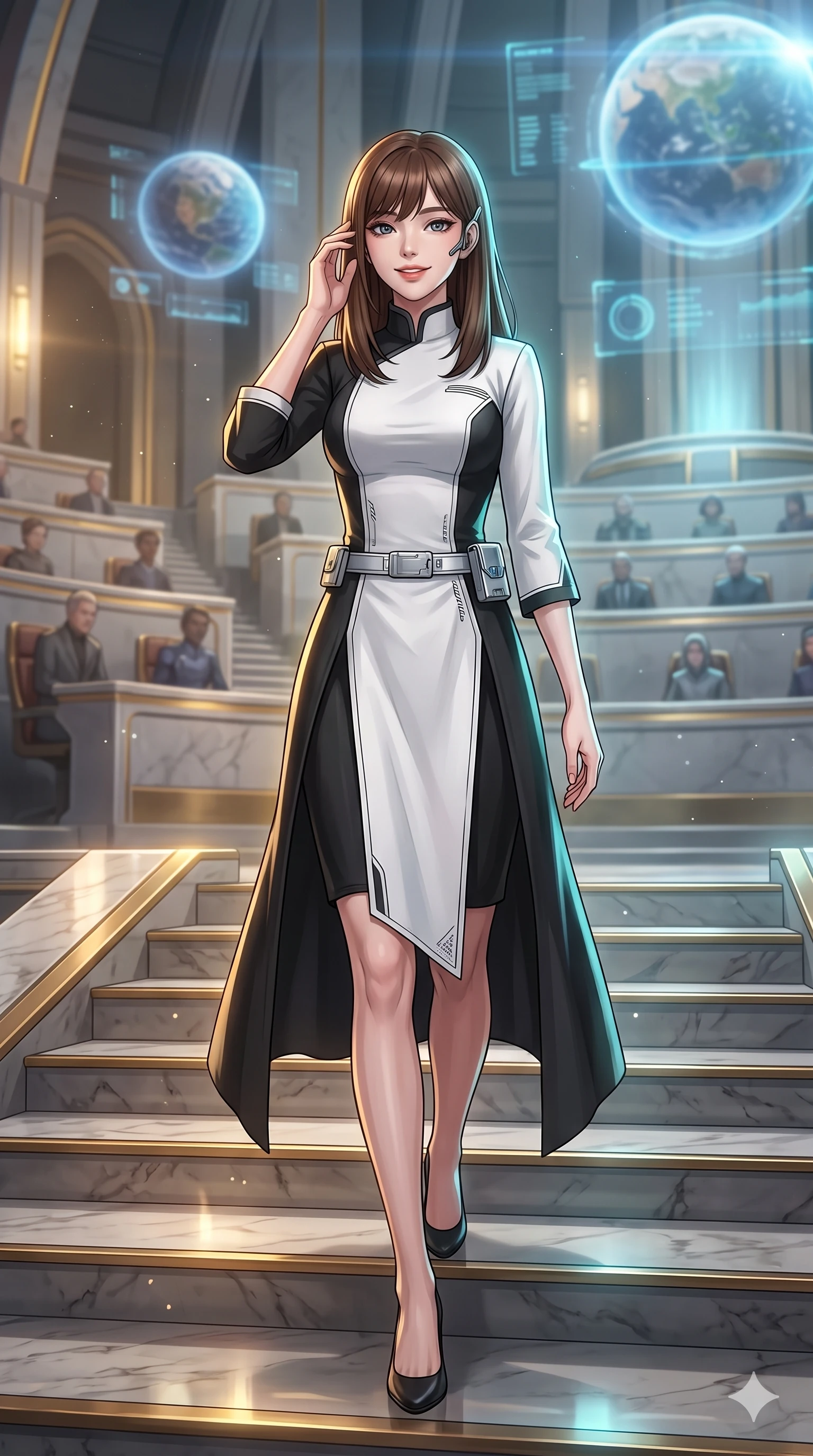 score_9, masterpiece, best quality, ultra-detailed, high-budget anime keyframe, semi-realistic 3D game render, editorial fashion photography, tasteful artistic composition, Korean woman. close-up cowboy shot from the waist and thighs up, the character dominates the composition, filling the frame with her large presence. arching her spine with dancer poise, one hand adjusting her ear comm-link in a flirtatious S-curve with parted glossy lips while walking slowly down the grand marble council steps with hypnotic grace, hips swaying in an alluring sensual rhythm that accentuates her curvy hourglass silhouette and long slender legs. The background shows a soft-focus colossal floating holographic rotating planetary spheres, multi-tiered semicircular council seating rows, and recessed lighting strips softened in prestigious sci-fi senate shallow focus. She has an exceptionally elegant, slender, and willowy female figure with an ultra-slim waist, flat toned midriff, narrow ribcage, and sculpted feminine hips creating an alluring, slim hourglass silhouette without bulk. sharp v-shaped jawline, high-bridge nose, intricate jewel-like sparkling eyes with depth, thick eyelashes, glossy parted lips with a natural sheen, bright confident smile with an enchanting and coquettish sensual glint, exuding both youthful magnetic charm and sovereign high-tech allure, flawlessly proportioned anatomical accuracy, strict slender model proportions, natural body alignment, perfectly sculpted long slender limbs, ultra-slim waistline, clean dynamic posture without body distortion. wearing an aristocratic planetary council ceremonial tunic dress with high mandarin collar and bracelet sleeves in dual-tone high-contrast monochrome black and stark white, made of flexible bullet-resistant ballistic microfiber with high-tensile strength, accented with a sleek utility belt with polished magnetic canisters resting loosely on her curvy hips, the bespoke structured tailoring following the natural line of her 8.5-heads silhouette with refined elegance. illuminated by polished black stone dais bounce and sharp gold-cyan rim lights sculpting her razor-sharp jawline, narrow waist, and curvy hips. highly saturated vibrant anime colors, detailed shading with soft gradients, rich glossy textures, high-contrast stereoscopic depth, volumetric dynamic lighting, master piece, 9:16 ratio