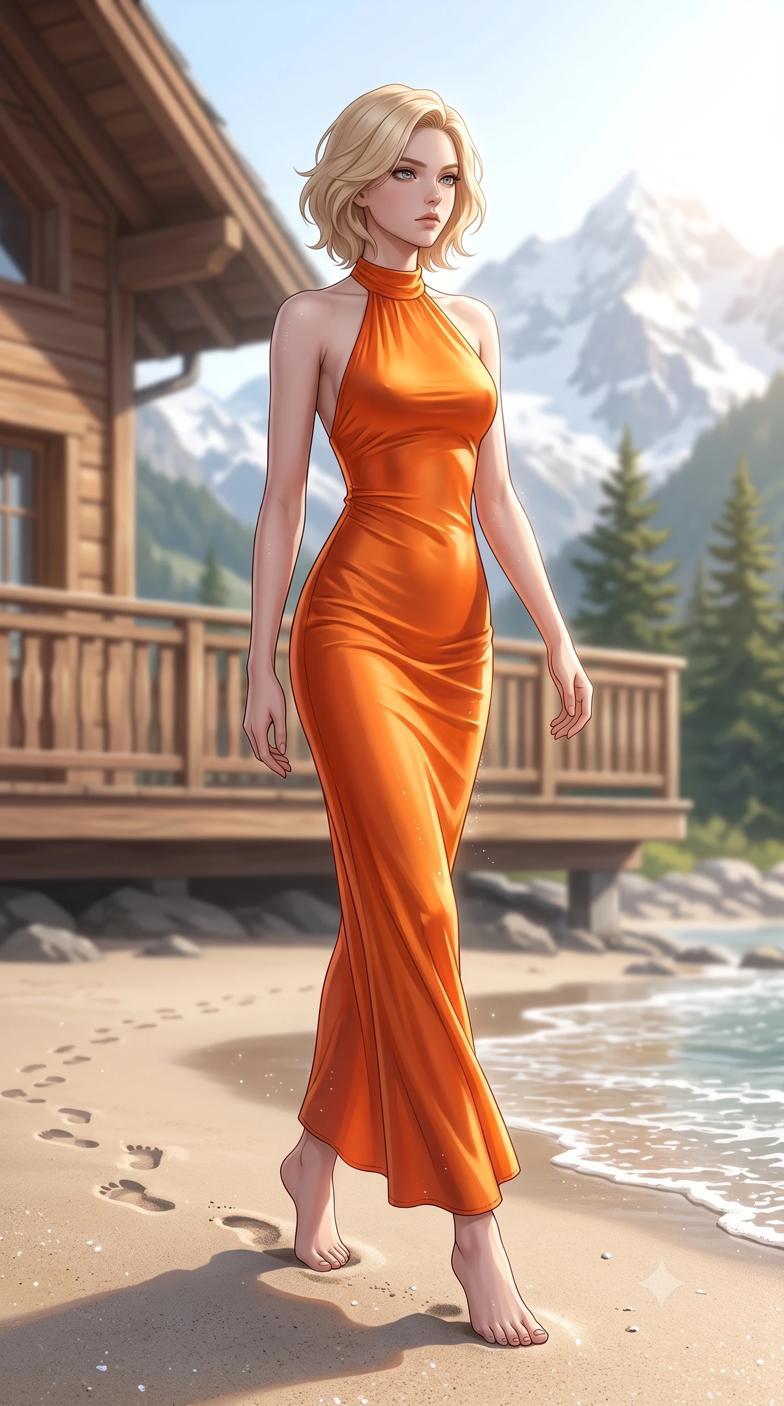 score_9, masterpiece, best quality, ultra-detailed, high-budget anime keyframe, editorial fashion photography, tasteful artistic composition, Caucasian woman woman. low angle full-body shot from head to toe showing her feet, filling the entire 9:16 vertical frame with her statuesque presence, stretching her vertical silhouette. walking slowly along the shoreline, leaving footprints in the wet sand the background shows a soft-focus a wooden balcony of a luxury mountain lodge, facing majestic snow-capped peaks. She has an absolutely perfect, statuesque 8.5-heads proportion, an exceptionally tall and slender model-like female figure with impossibly long slender legs and an ultra-slim waist. sharp v-shaped jawline, high-bridge nose, intricate jewel-like eyes with depth, thick eyelashes, glossy lips with a natural sheen. wearing a tailored form-fitting liquid silk halter-neck maxi dress in sunset orange, draped elegantly to highlight her slender frame. bright morning alpine sun highlighting the white snow and green pine trees. 2k, ultra detail, master piece, 9:16 ratio