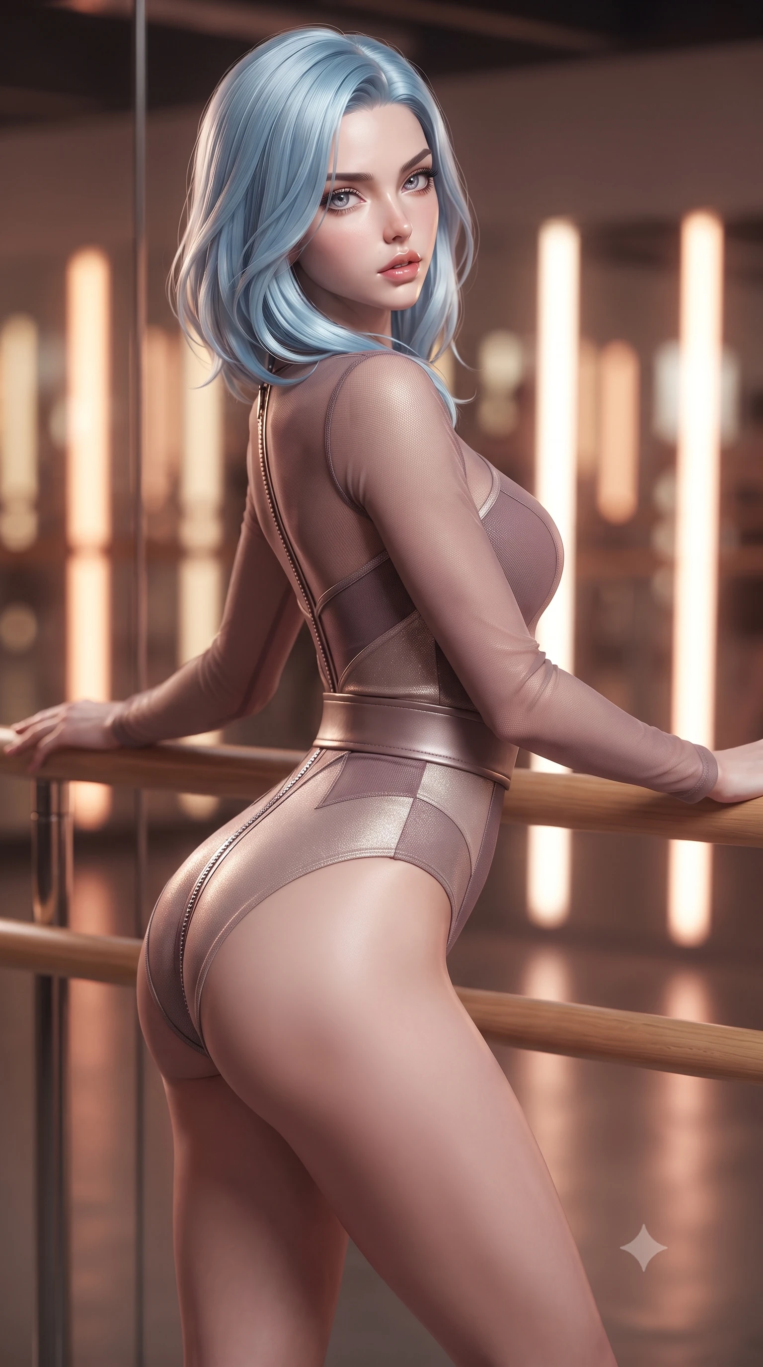score_9, masterpiece, best quality, ultra-detailed, high-budget anime keyframe, editorial fashion photography, tasteful artistic composition, Korean woman. close-up cowboy shot from the waist and thighs up, the character dominates the composition, filling the frame with her large presence. leaning back with relaxed seductive grace, her sculpted collarbones and narrow waist highlighted as she casts smoldering bedroom-eyes directly into the camera while resting both hands on a polished wooden ballet barre while arching her lower back in a deep cambré stretch, highlighting her sculpted glutes and slender waist. The composition keeps background elements in soft focus with creamy bokeh. infinite studio mirror reflections and warm vertical light tubes blurred into glowing amber, rose-gold, and ivory bokeh. She has an exceptionally elegant, slender, and willowy female figure with an ultra-slim waist, a gracefully sculpted slender torso, toned flat midriff, and rounded feminine hips creating an alluring hourglass silhouette. sharp v-shaped jawline, high-bridge nose, intricate jewel-like eyes with depth, thick eyelashes, glossy parted lips with a natural sheen, intensely captivating and seductive bedroom-eyes expression, flawlessly proportioned anatomical accuracy, strict slender model proportions, natural body alignment, perfectly sculpted long slender limbs, ultra-slim waistline, clean dynamic posture without body distortion. wearing a layered dance bodysuit with sheer mesh sleeves and form-fitting hip-cinching belt in dusty mauve and champagne shimmer, made of seamless compression knit with anatomical body-contouring support, finished with metallic zipper detailing along the spine and hips, the glove-like aerodynamic silhouette tightly following the natural contour of her hips and long slender legs with statuesque precision. surrounded by a disciplined, sensual, and exquisitely graceful haute-couture dancer aura. ultra-reflective glossy finish, specular highlights, rich textural contrasts, high-contrast stereoscopic depth, volumetric dynamic lighting, 2k, ultra detail, master piece, 9:16 ratio