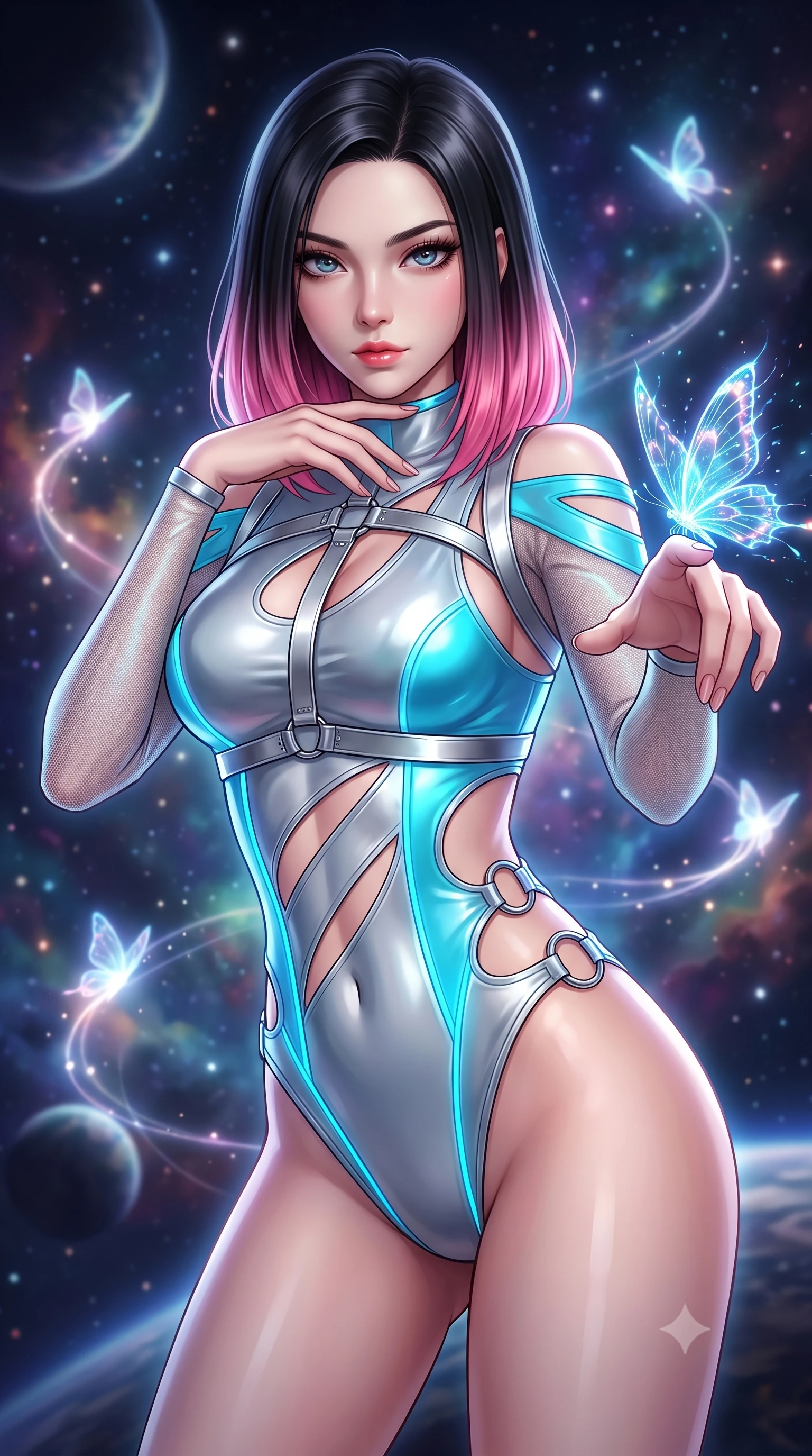 score_9, masterpiece, best quality, ultra-detailed, high-budget anime keyframe, semi-realistic 3D game render, editorial fashion photography, tasteful artistic composition, Korean woman. close-up cowboy shot from the waist and thighs up, the character dominates the composition, filling the frame with her large presence. leaning forward with a dangerous, enticing smolder, resting one hand near her collarbone while casting a fiery, magnetic direct gaze while reaching one arm out to let a bioluminescent digital butterfly land on her finger with a captivating gaze. The composition keeps background elements in soft focus with creamy bokeh. glowing butterfly flight paths creating soft luminous light trails across the backdrop. She has an exceptionally elegant, slender, and willowy female figure with an ultra-slim waist, a gracefully sculpted slender torso, and a refined silhouette. sharp v-shaped jawline, high-bridge nose, intricate jewel-like eyes with depth, thick eyelashes, glossy lips with a natural sheen, flawlessly proportioned anatomical accuracy, natural body alignment, perfectly sculpted elegant limbs, clean dynamic posture without body distortion. wearing an ultra-sleek high-cut tech-bodysuit featuring dangerous diagonal slitted cutouts on the midriff and shoulders, reinforced by a metallic silver harness and sheer mesh sleeves in liquid mercury silver and glowing electric cyan, made of liquid metal jersey that clings flawlessly to every contour of her build, detailed with polished silver rings connecting the daring side-waist cutouts, the form-contouring second-skin material highlighting her ultra-slim waist and long lines. surrounded by an enchanting, weightless, and dreamily sensual cosmic atmosphere. highly saturated vibrant anime colors, detailed shading with soft gradients, rich glossy textures, high-contrast stereoscopic depth, volumetric dynamic lighting, master piece, 9:16 ratio