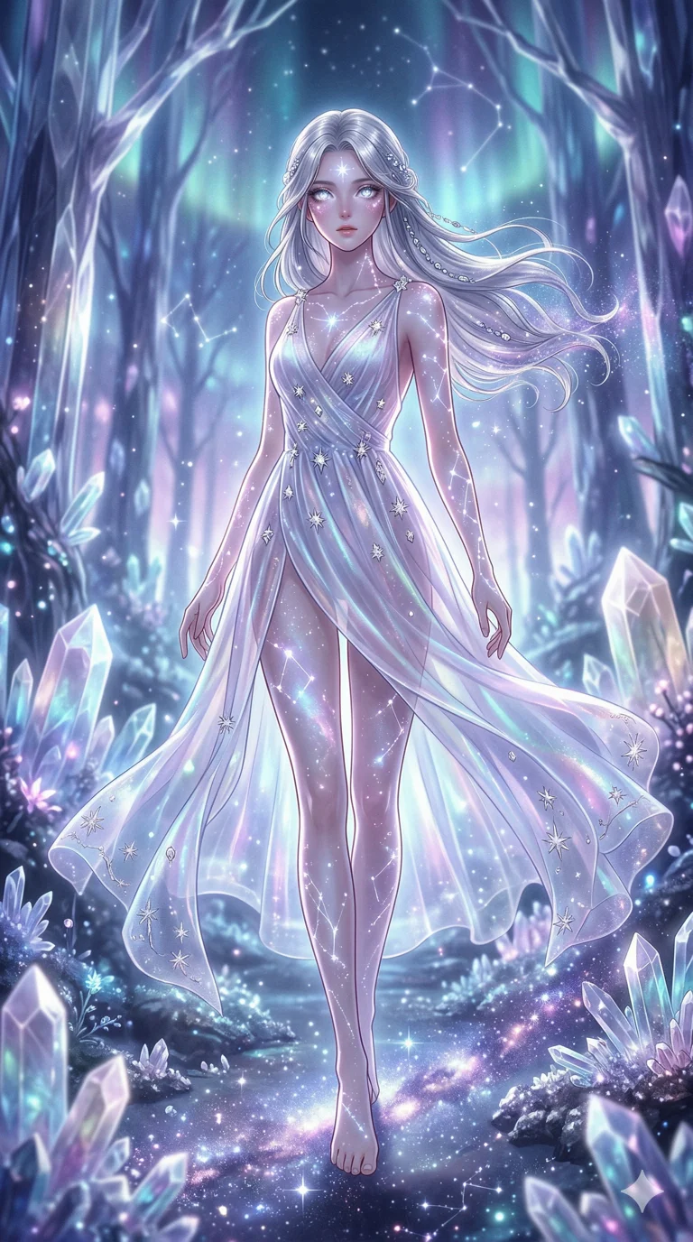 score_9, masterpiece, best quality, ultra-detailed, semi-realistic high-budget anime keyframe, an incredibly beautiful ethereal Caucasian woman with flawless pale skin (strictly human ears). Dynamic full-body shot stretching vertically. She is a star-child wandering a crystal forest, her skin covered in glowing constellations. She has an absolutely perfect 8-heads proportion, a towering female figure with long slender legs and a delicate skinny body. Her face is a masterpiece with silver hair and glowing eyes. She is wearing a sheer fabric dress that glows with inner light, highlighting her alluring silhouette. Shimmering crystals and cosmic dust, radiant glowing skin, dramatic rim lighting, 2k, ultra detail, master piece, 9:16 ratio